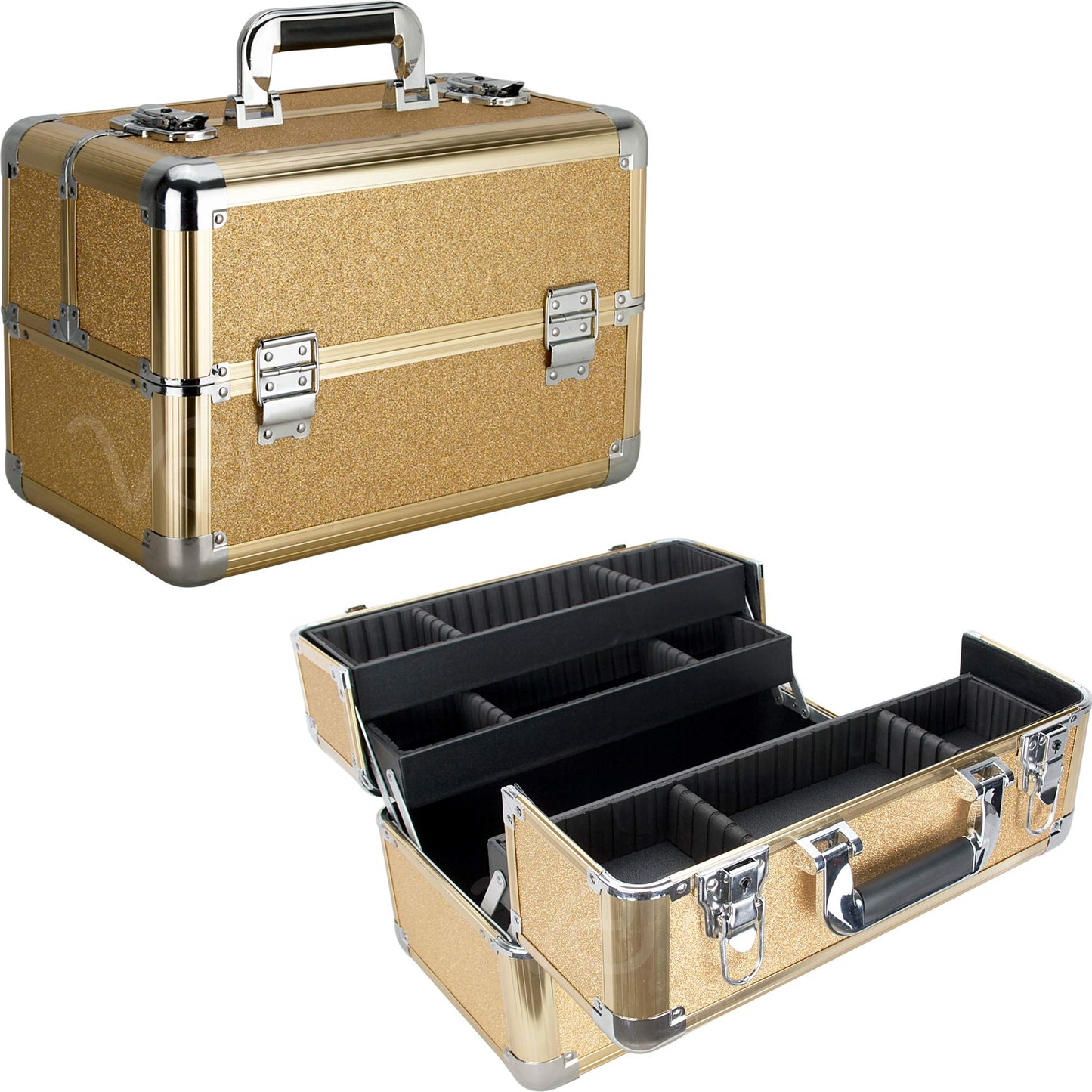 Ver Beauty 4-tiers Extendable Trays Professional Cosmetic Makeup Train Case Organizer Travel Dividers - Vk3403, Gold Glitter