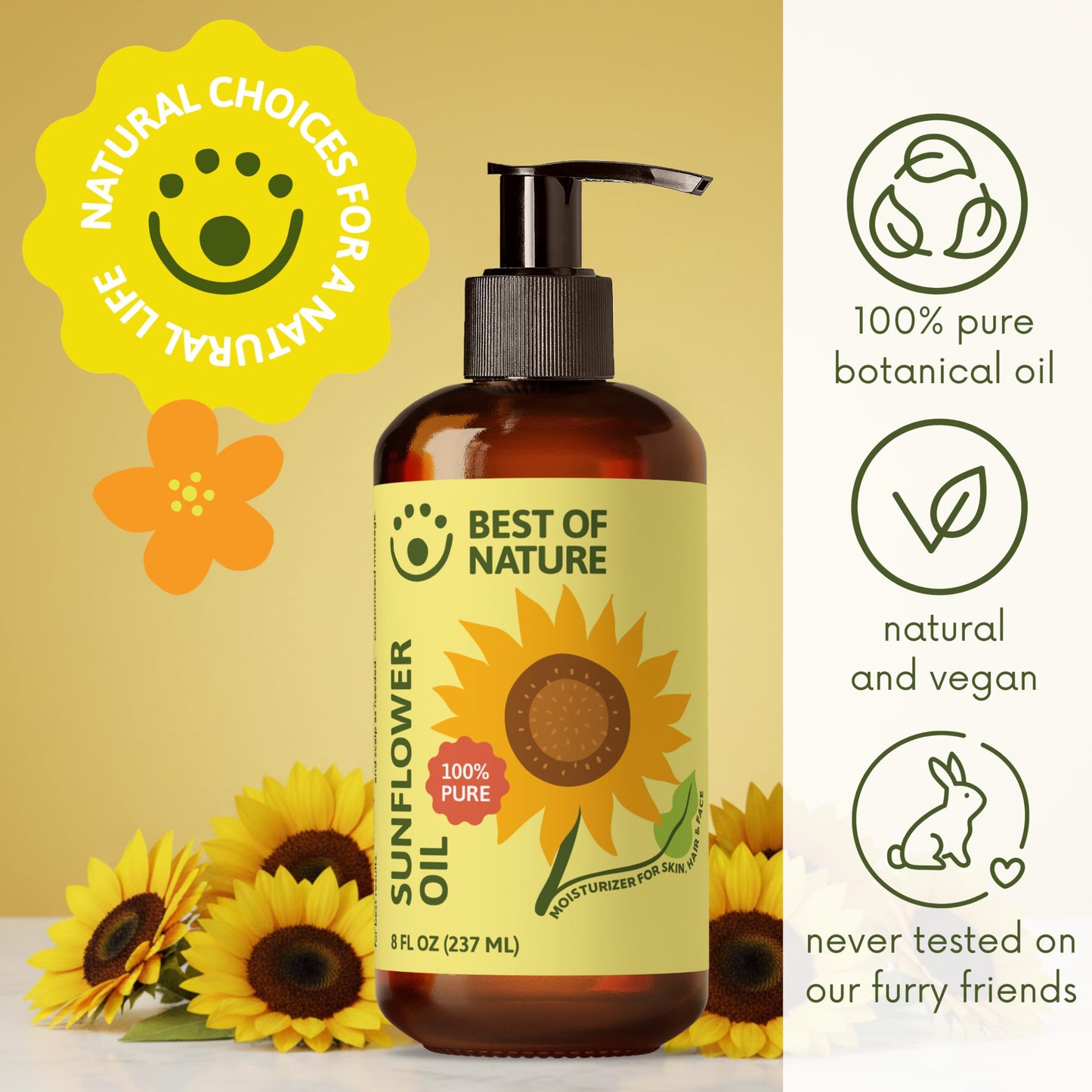 Best of Nature 100% Pure Sunflower Massage Oil, Lightweight Deep Moisturizing Unscented Oil for Skin, Body & Massage, Nourishing Hydration for Hair & Face, Half Gallon (64 fl oz)