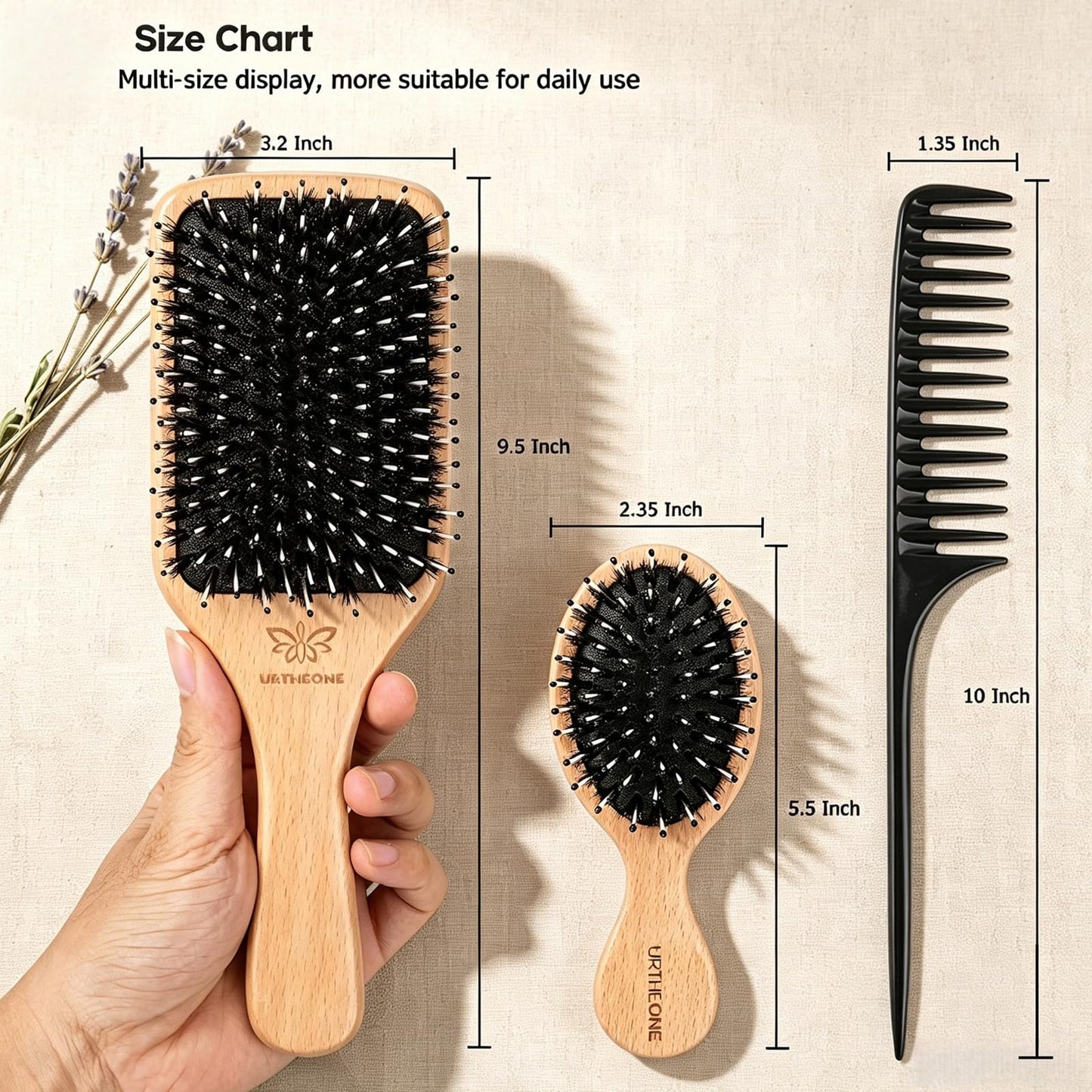 Boar Bristle Hair Brush and Comb Set for Women Men Kids, Best Natural Wooden Paddle Hairbrush and Small Travel Styling Brush for Wet or Dry Hair Detangling Smoothing Massaging