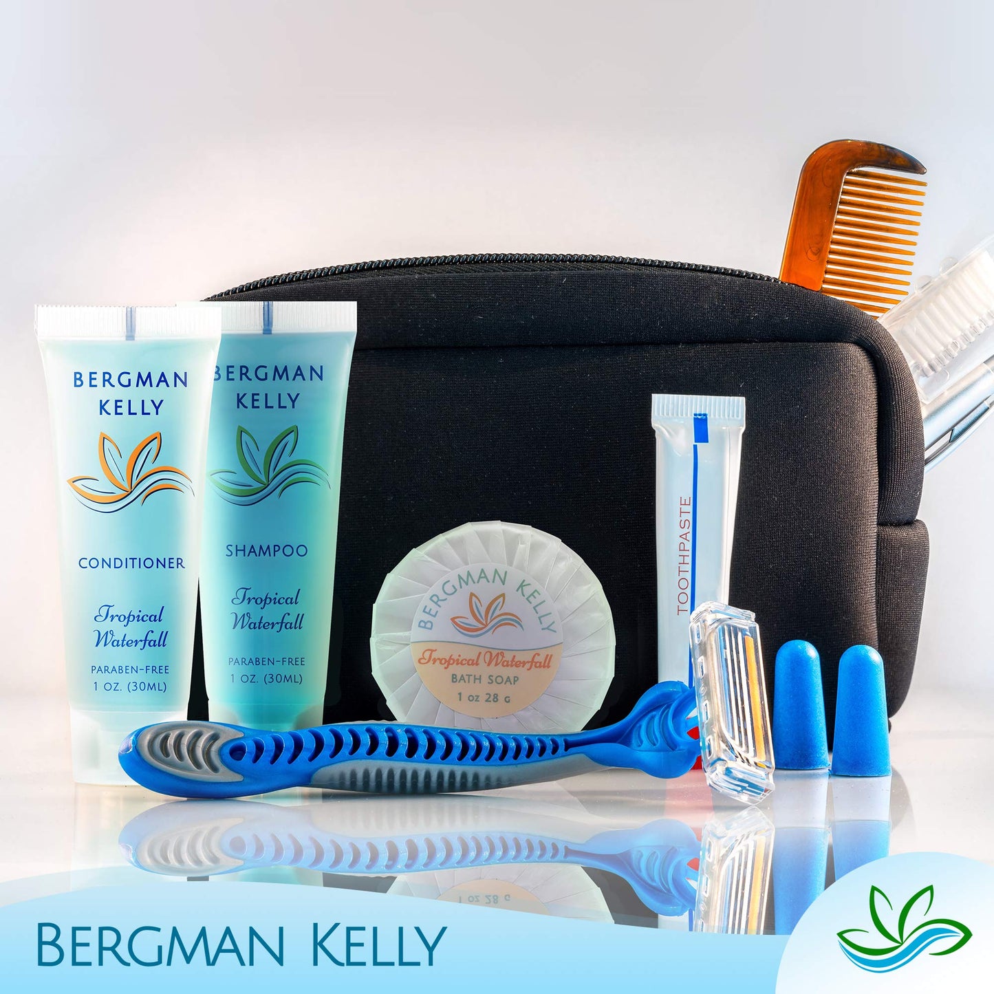 BERGMAN KELLY Round Soap Bars, 2in1 Shampoo & Conditioner 2-Piece Set (Tropical Waterfall, 1 oz each, 100 pc), Delight Your Guests with Revitalizing & Refreshing Hotel Amenities & Bulk Toiletries