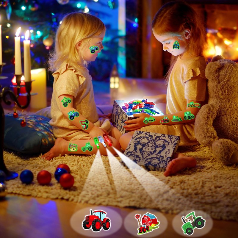 72 PCS Tractor Party Favors – 48 PCS Luminous Tattoos & 24 PCS LED Finger Lights Combo – Birthday Goodie Bag Fillers, Party Supplies, Gifts Light Up Toys Glow In The Dark for Boys and Girls