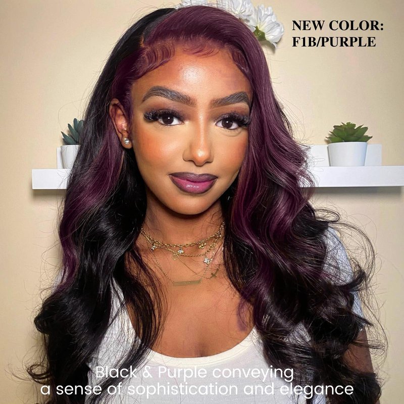 ALHER Black Mix Purple Highlight Bundle Human Hair Body Wave, 12A Soft Thick Single Bundle Wavy Human Hair, 100% Remy Hair Midnight Purple Dark Burgundy Highlight Two Tone Color (#1B/Purple, 16 Inch)