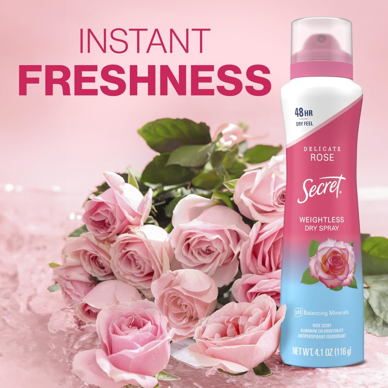 Secret Dry Spray Antiperspirant Deodorant for Women, 48hr Weightless Sweat & Odor Protection, Gentle on Skin, Delicate Rose Scent, 4.1 oz (Pack of 3)