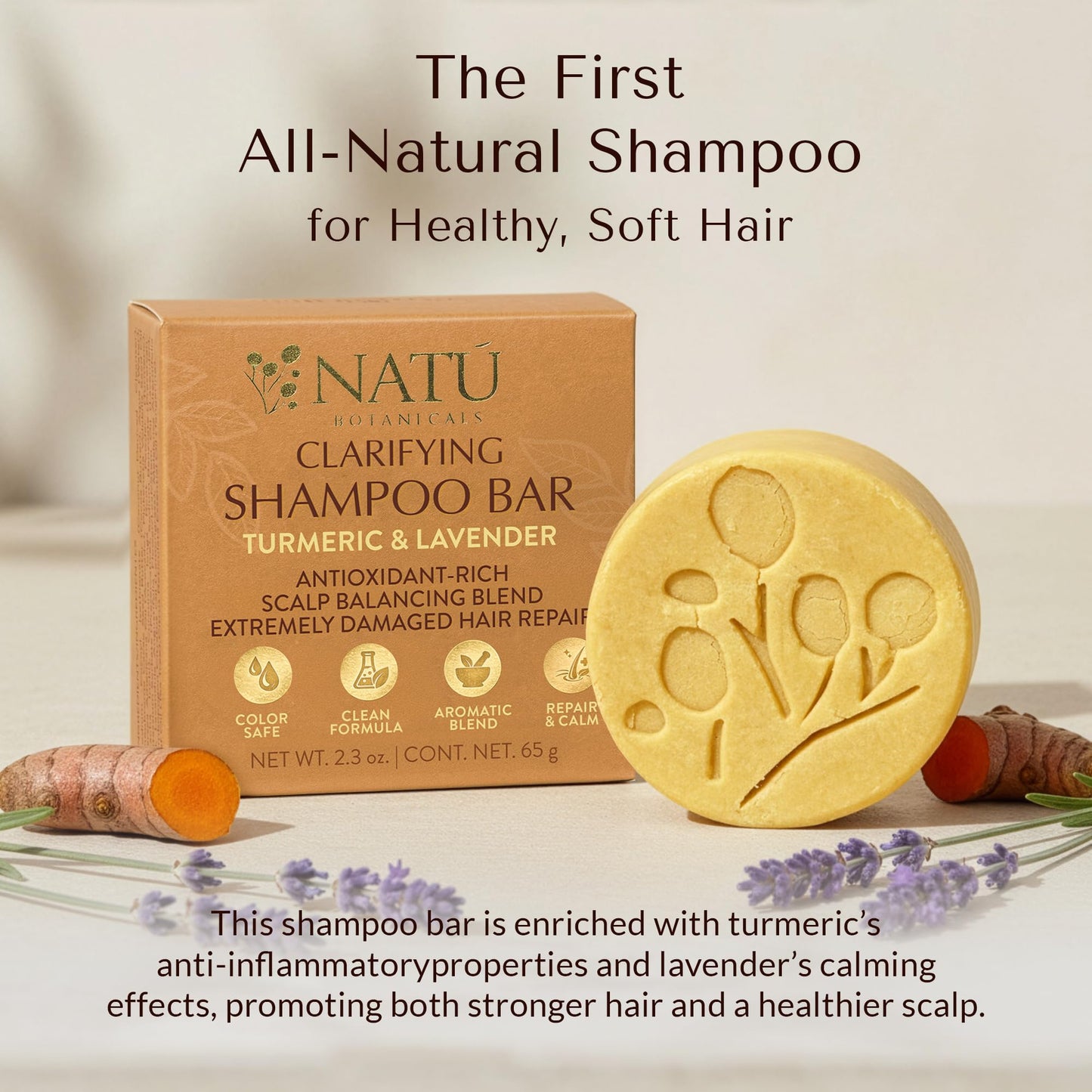 NATÚ BOTANICALS Clarifying Shampoo Bar - Strengthening Solid Shampoo Bar with Turmeric, Lavender and Cocoa Butter for Strengthening and Hair Repair - Sulfate Free for Silky Shine & Paraben Free 2.3oz