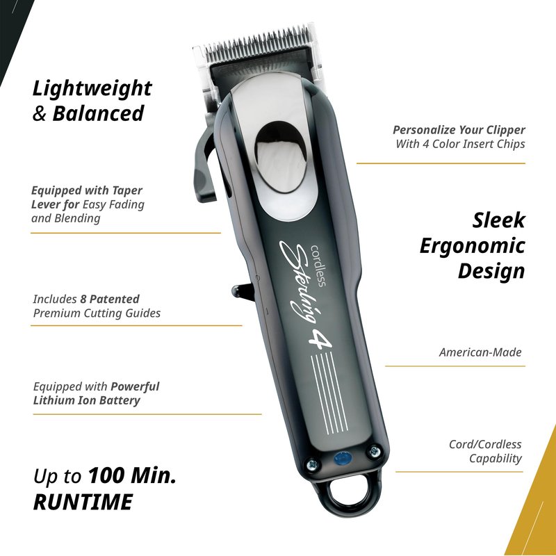 Wahl Professional Cordless Sterling 4 Clipper, Lithium-Ion, 100-Minute Run Time, Taper Lever, 8 Cutting Guides