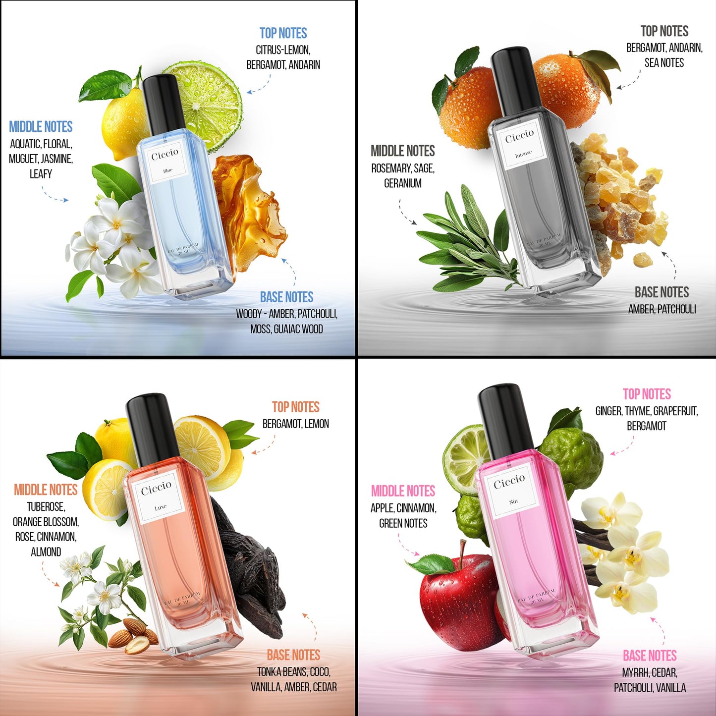 CICCIO Unisex Eau De Parfum Gift Set for Men & Women, 4 x 20ml Bottles Blue, Intense, Luxe & Sin, Premium Fragrance Set, Fresh Citrus, Floral & Woody Notes, Gift Set