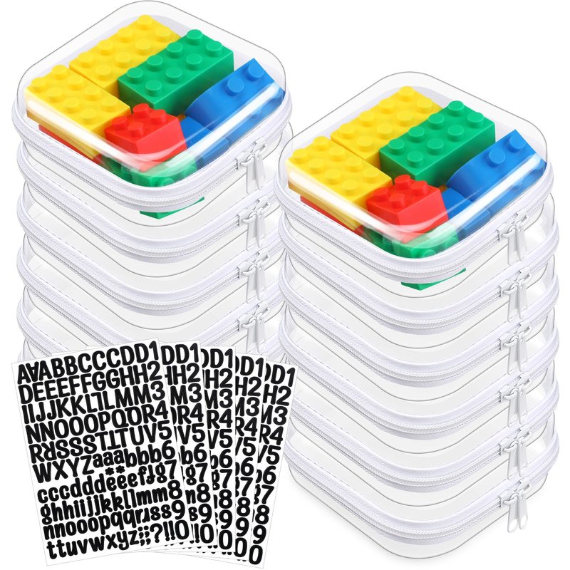 Qiyaz 12 Pcs Clear Hard Zipper Case Plastic Zipper Pouch with 5 Sheets Alphabet Stickers Double Toy Storage Organizer Makeup Case for Travel Building Blocks Puzzles Cosmetic(5 x 5 x 2”)