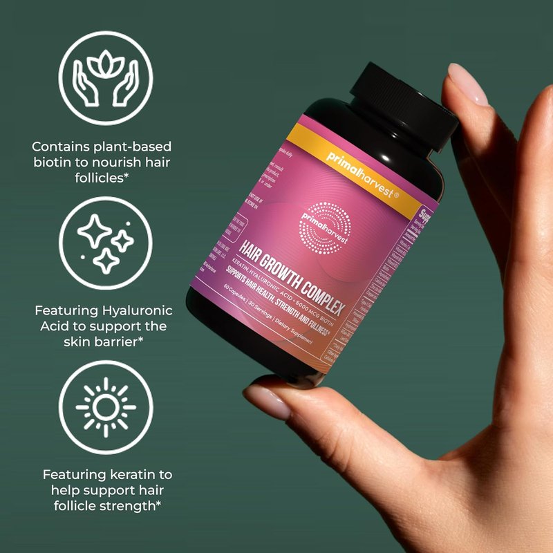 Primal Harvest Hair Growth Vitamins - Natural Biotin & Zinc Supplement for Thicker Hair | 60 Capsules