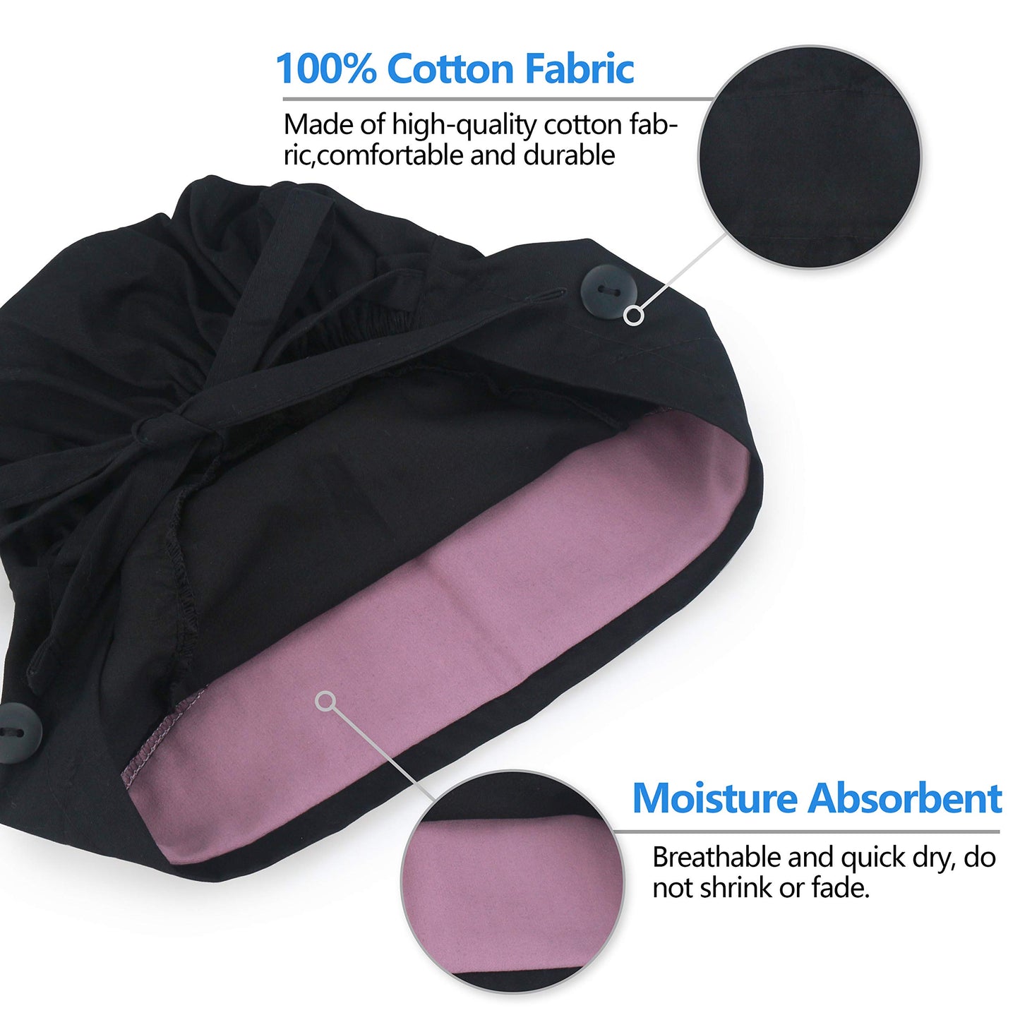 QBA Working Cap with Button Long Hair, Adjustable Working Hat Sweatband Cotton Ponytail Holder, Tie Back Hats for Women & Men, One Size, 3 Pack: Black * 3 PCS