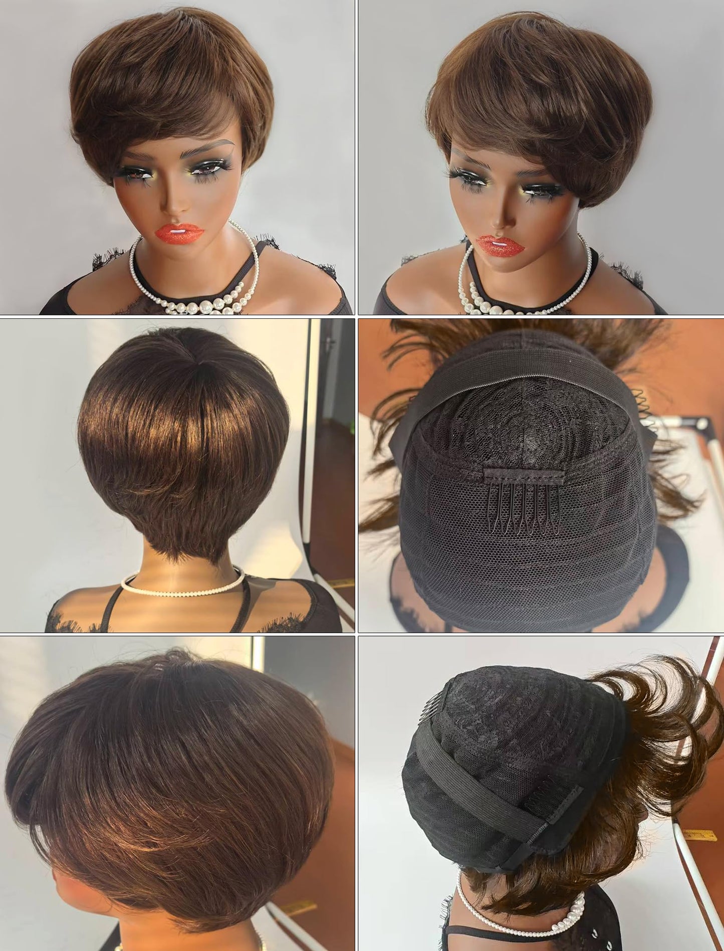 Realloves Pixie Cut Wig Human Hair Glueless Wear & Go Brazilian Virgin Remy Hair with Pre-Cut Bangs Short Wigs for Black Women, Full Machine Made Lightweight & Breathable Cap Chocolate Brown Color