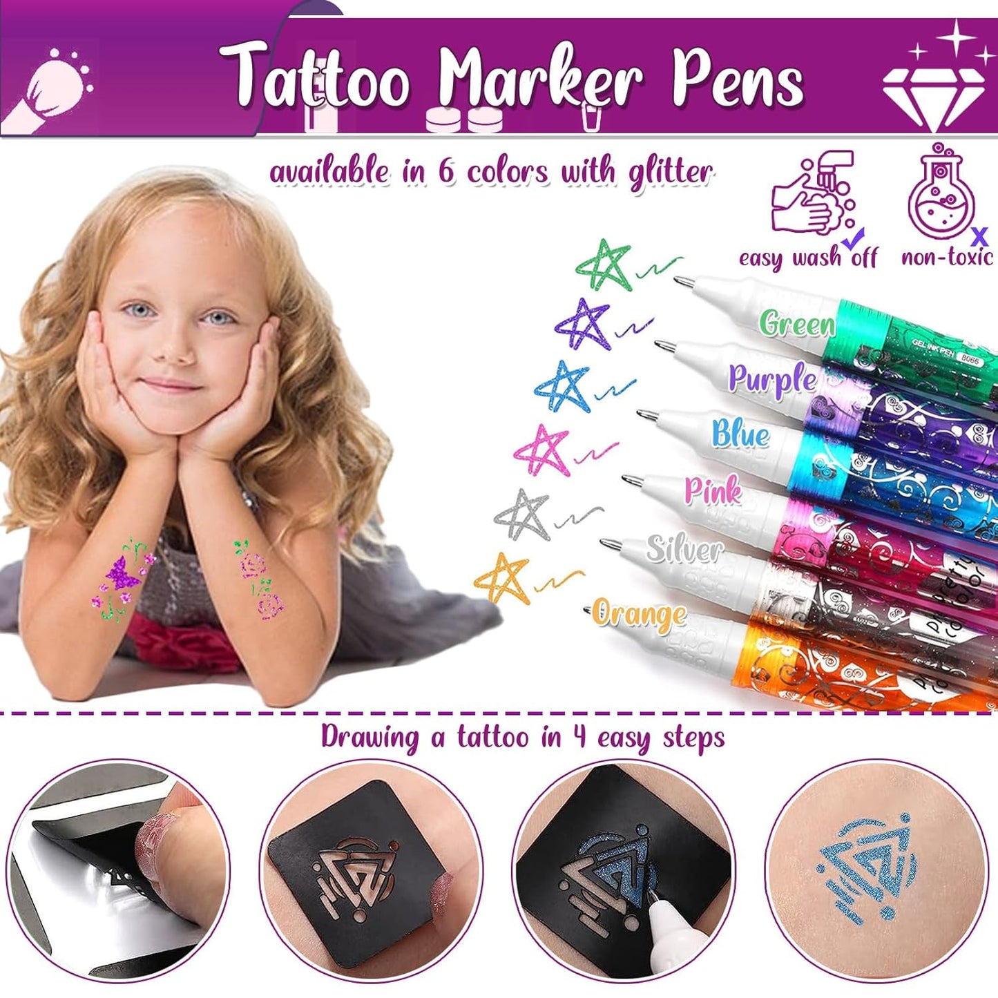 Kids Glitter Tattoo Kit - 25 Colors, 225 Stencils & Glow-in-the-Dark Temporary Tattoos | Perfect for Halloween & Birthday Fun