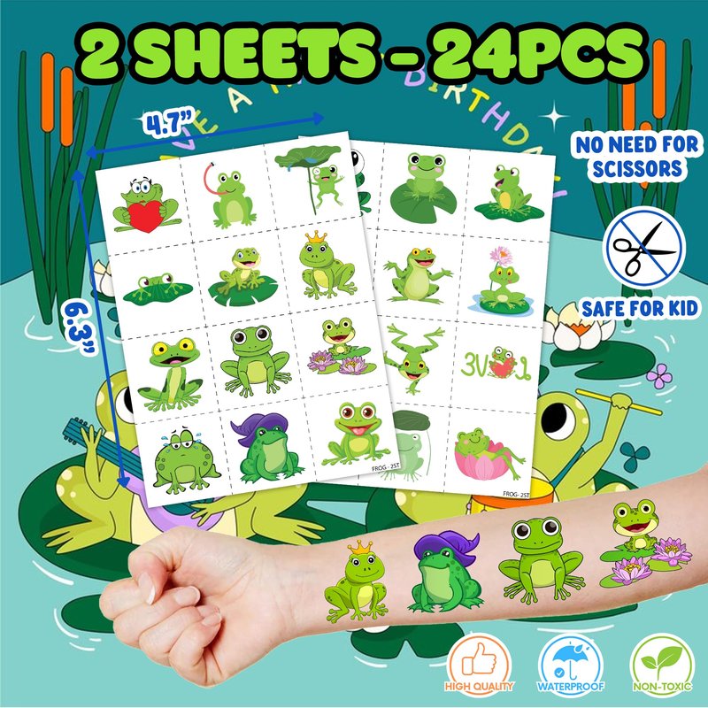 36PCS Frog Party Favors - 24PCS Pre-Cut Temporary Tattoos & 12PCS Stamps - Ideal Animal Frog Princess Themed Birthday Card Decorations Supplies Goodie Bag Cute Rewards for Boys Girls Classroom Gifts