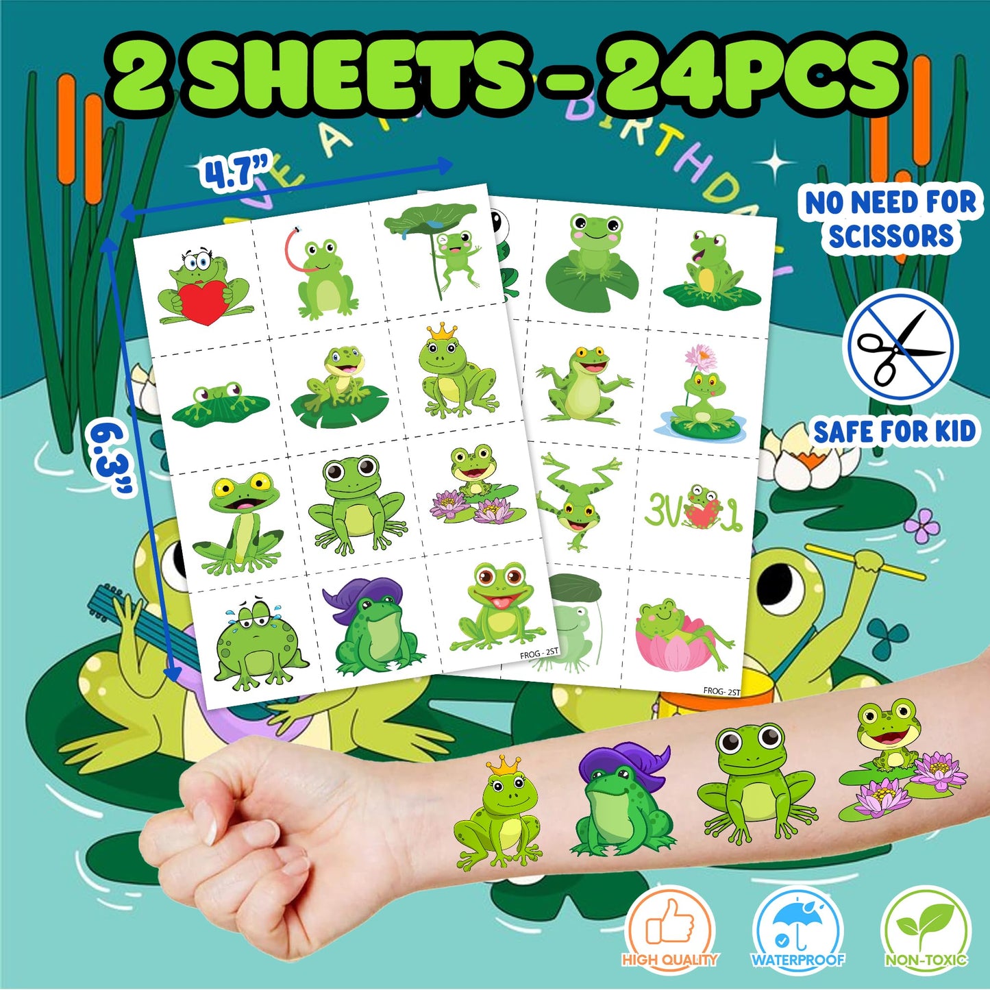 36PCS Frog Party Favors - 24PCS Pre-Cut Temporary Tattoos & 12PCS Stamps - Ideal Animal Frog Princess Themed Birthday Card Decorations Supplies Goodie Bag Cute Rewards for Boys Girls Classroom Gifts