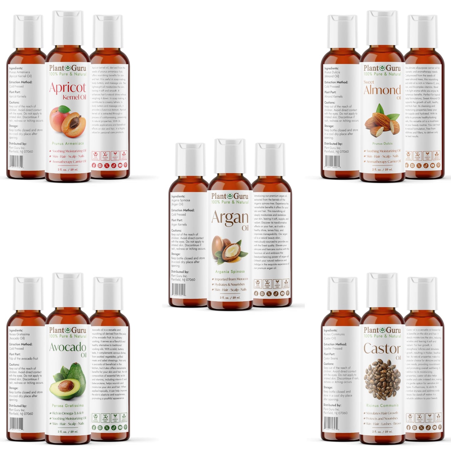 Top 10 Carrier Oil Variety Set 2 oz - Cold Pressed 100% Pure Natural, Sweet Almond, Apricot Kernel, Argan, Avocado, Castor, Fractionated Coconut, Grapeseed, Jojoba, Olive and Sunflower.