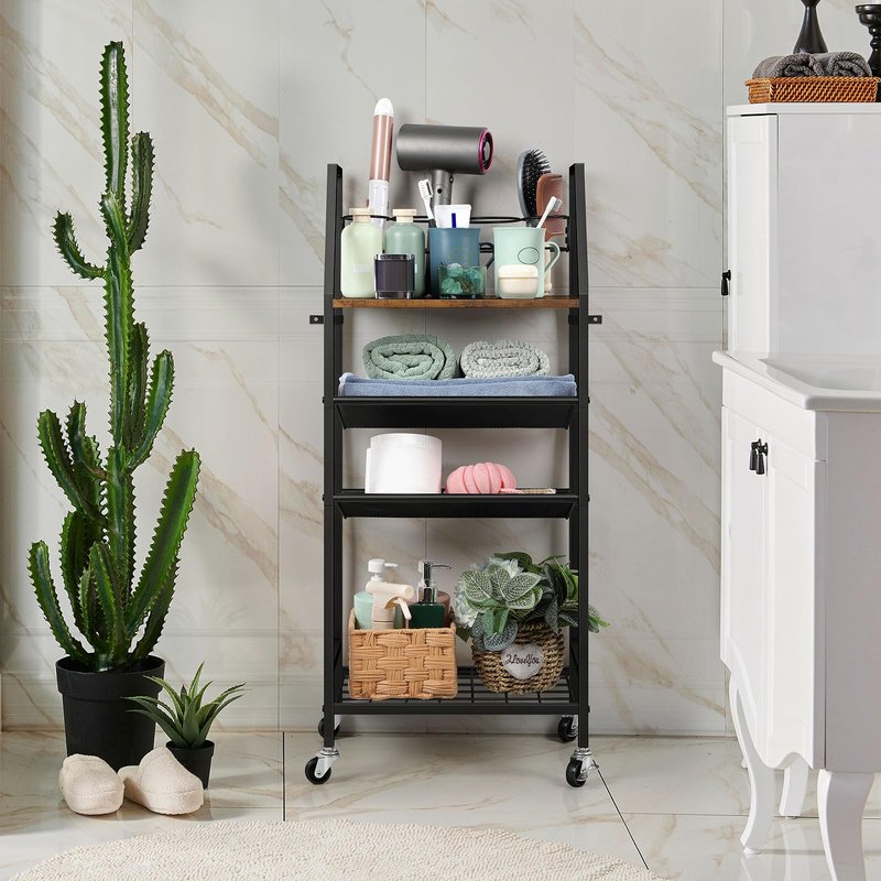 OYEAL Bathroom Storage Cart with Wheels Rolling Bathroom Shelves Slim Freestanding Bathroom Towel Storage Organizer with Hair Tool Holder for Small Spaces, Rustic Brown