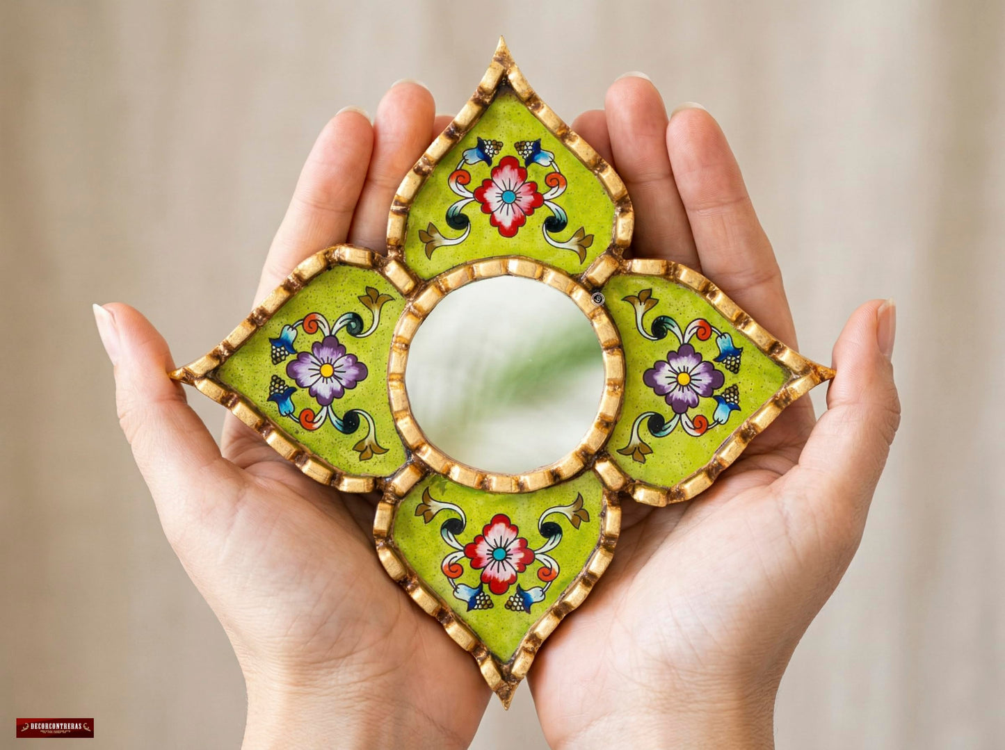 DecorContreras Peruvian Wall Mirror Lime Green Hand Painted Glass Diamond