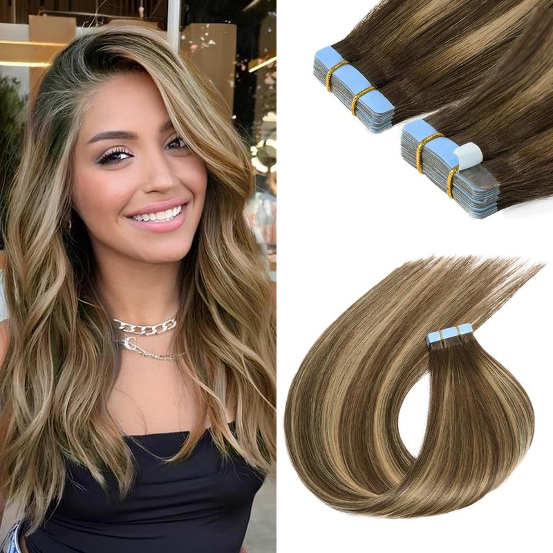 Sunfly Tape in Human Hair Extensions 16 Inch Balayage Chocolate Brown to Caramel Blonde 50g Human Hair Extensions Tape Ins 20pcs