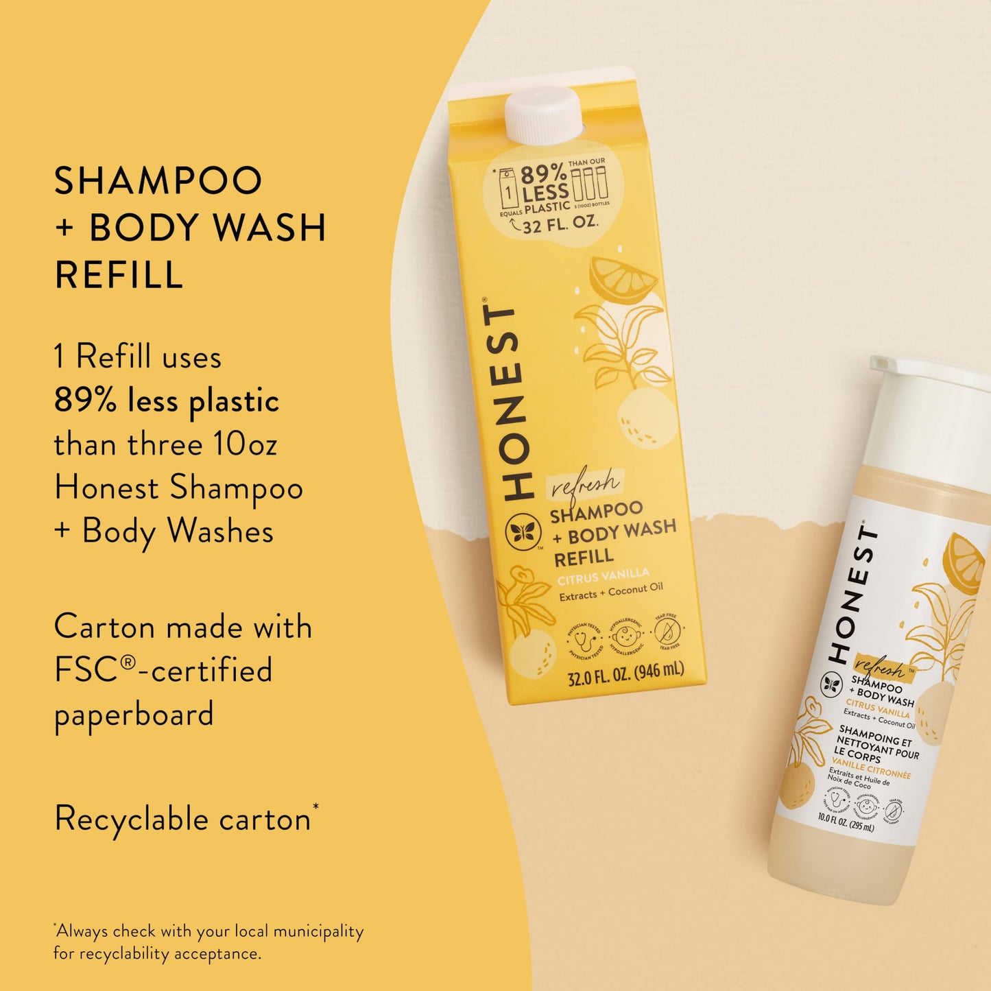 The Honest Company 2-in-1 Cleansing Shampoo Body Wash Refill Carton, Gentle for Baby, Naturally Derived, Tear-free, Hypoallergenic, Citrus Vanilla Refresh, 32 fl oz, (Pack of 2)