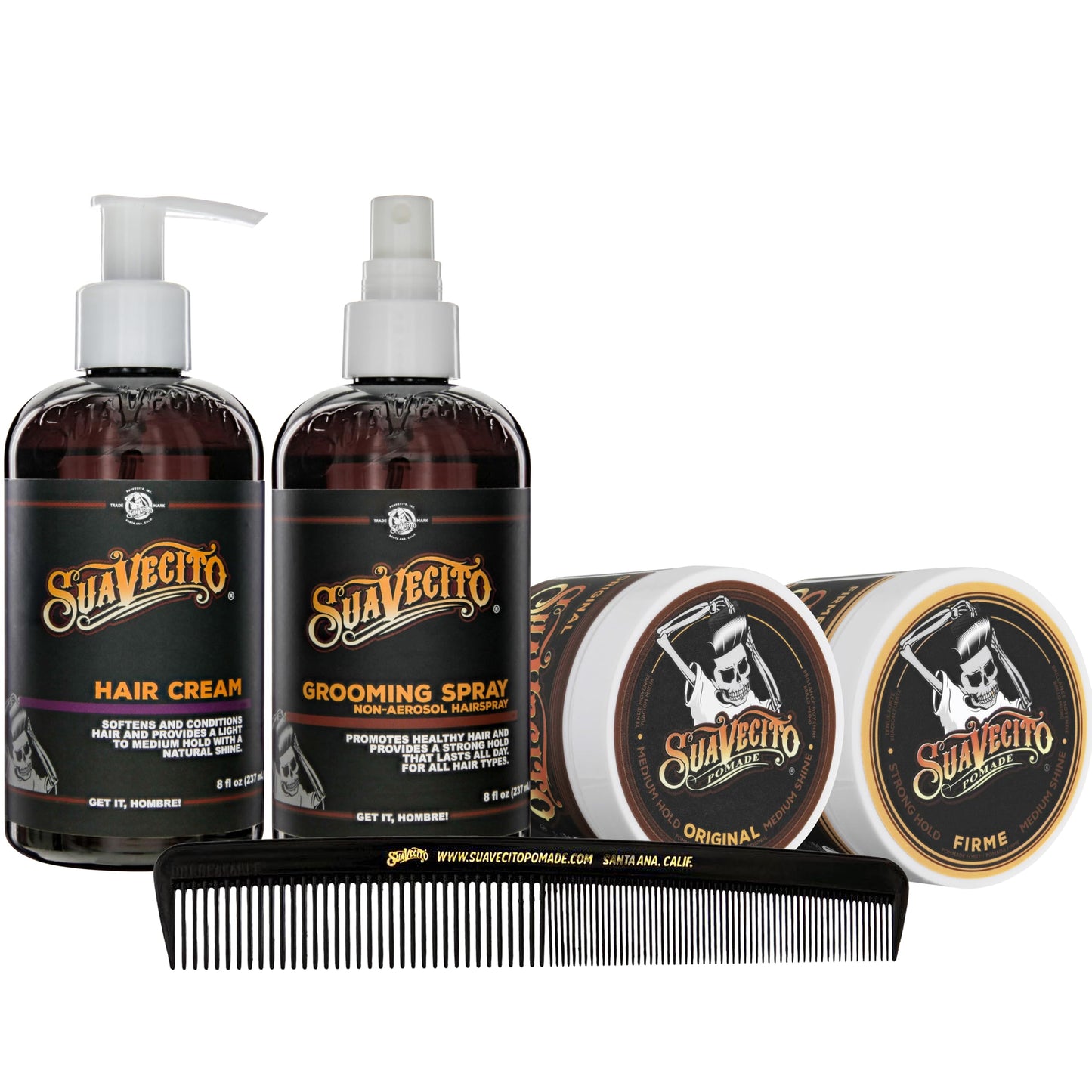 Suavecito Men's 5 PC Hair Kit - Original & Firme (Strong) Hold Medium Shine Pomade, Hair Cream and Grooming Spray, Large Deluxe Comb