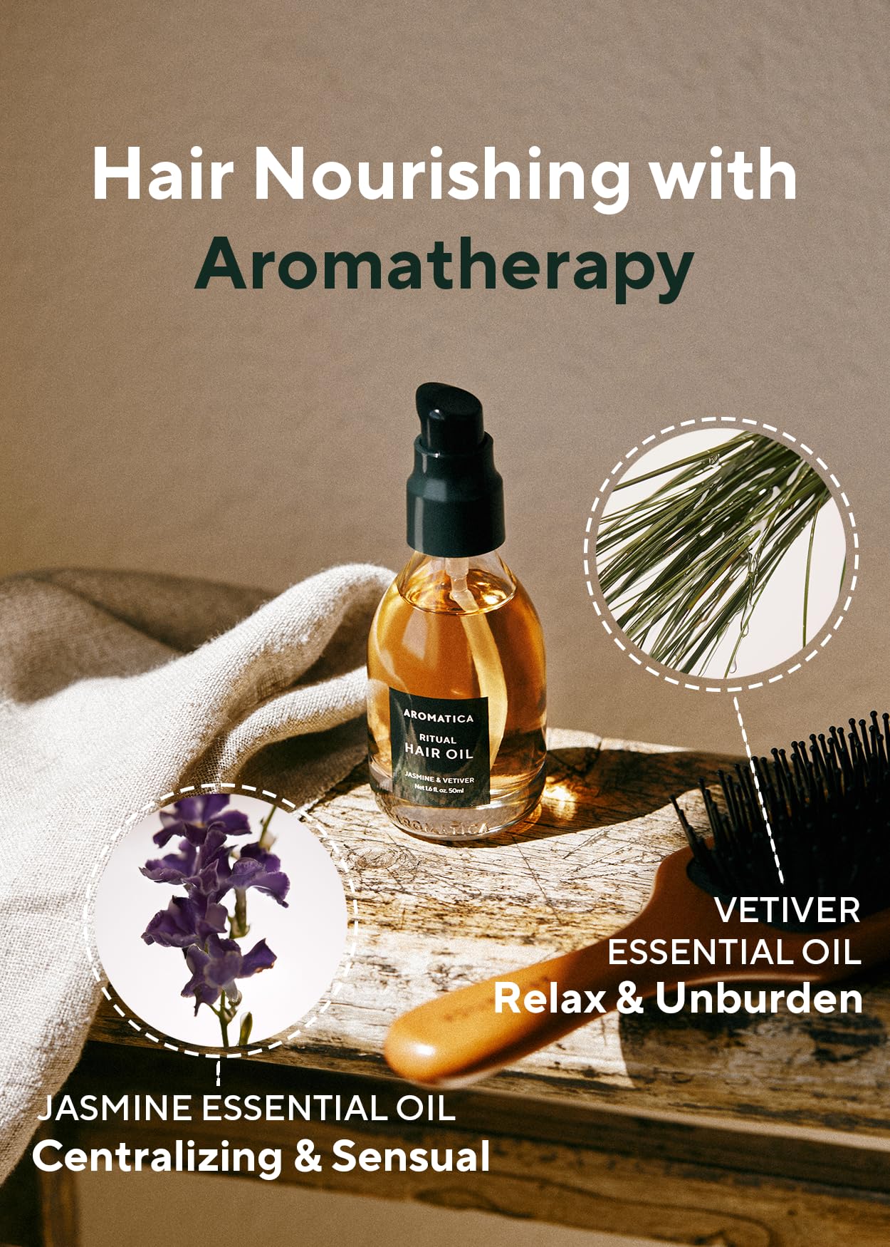 AROMATICA Ritual Jasmine & Vetiver Hair Oil - Adds Shine and Smooths Split Ends - Blow Out Hair Serum for Damaged & Frizzy Hair - Nourishing for Dry Curly Hair - Silicone-Free (1.6 fl oz)