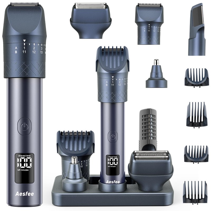 Beard Trimmer for Men, Professional 5-in-1 Hair Clippers with 20 Precision Dial Lengths, Electric Razors for Men IPX7 Waterproof Wet/Dry, USB-C Rechargeable Shaving Set with Dock for Face, Body, Nose