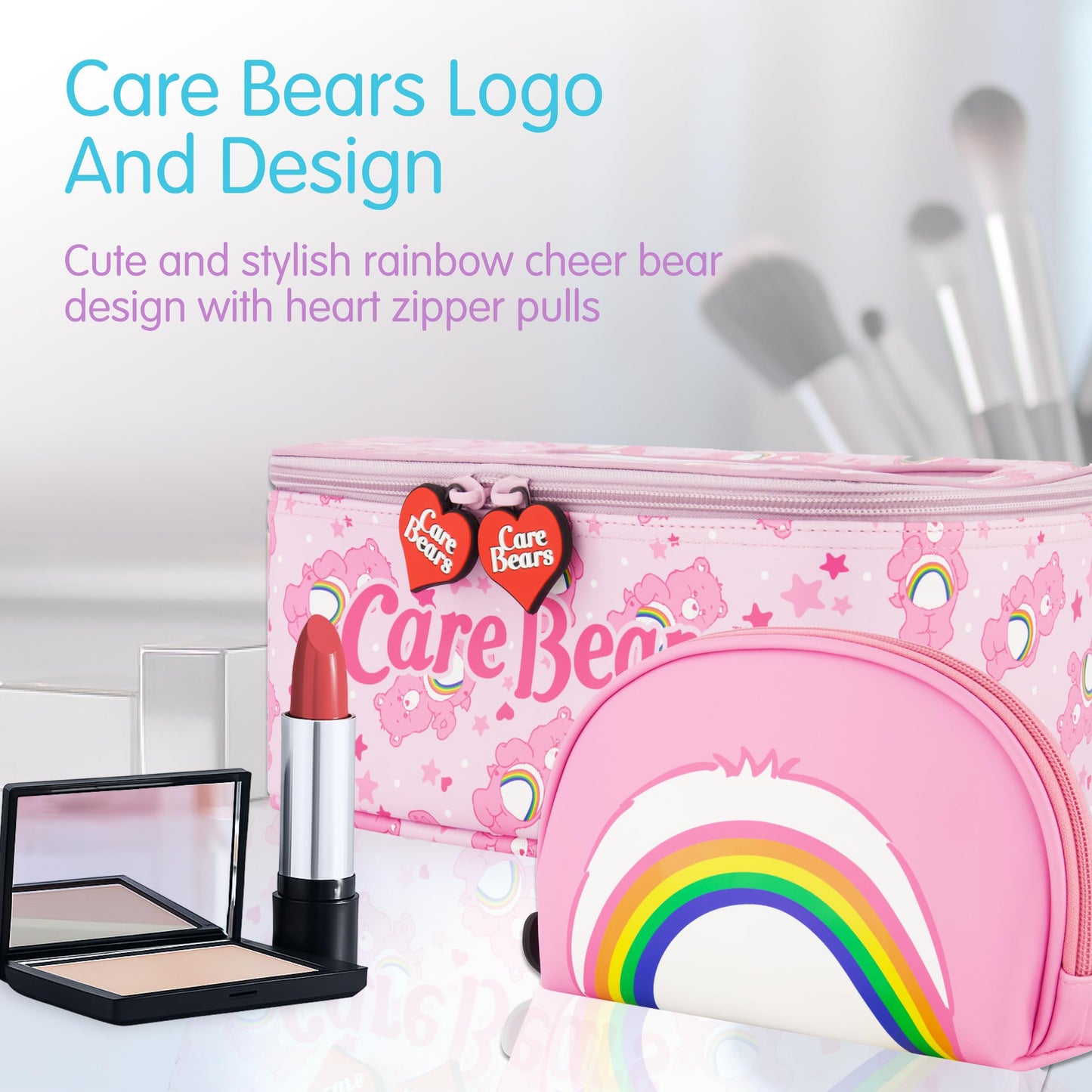 Concept One Care Bears Cosmetic Case Set, Rainbow and Cheer Bear 2-Piece Travel Cosmetic Carry Set with Zippers, Multi