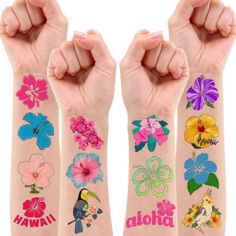Hibiscus Temporary Tattoos for Kids & Adults - 10 Sheets 100 PCS Hawaiian Tropical Flowers Party Favors, Luau Birthday Decorations Supplies, Cute Waterproof Fake Tattoos