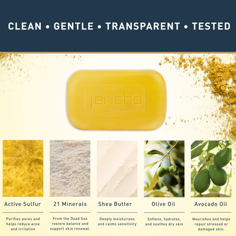 Jericho Dead Sea Sulfur Soap with Olive Oil – Helps with Acne, Psoriasis, Eczema & Blackheads – For Oily to Normal Skin – Vegan Face & Body Bar for Men & Women, 4.4 Oz / 125 g (Pack of 9)