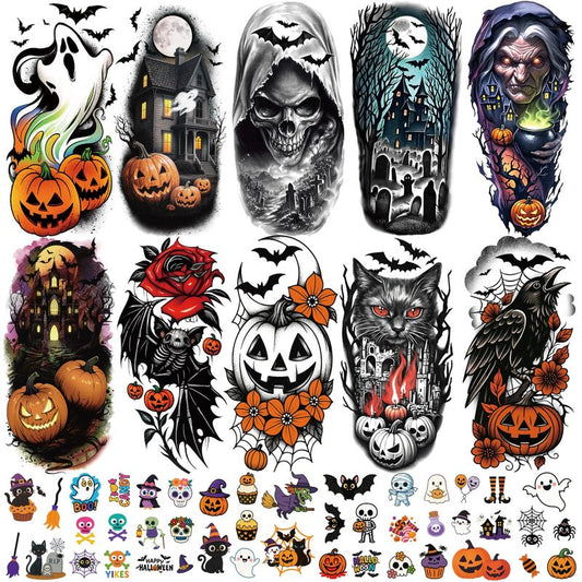 77 PCS Halloween Temporary Tattoos Adult Kids, 17 PCS Half Sleeve Pumpkin Bat Crow Witch Skull Fake Tattoos, 60 PCS Spider Cat Ghost Scar Tiny Realistic Face Body Tattoos Stickers