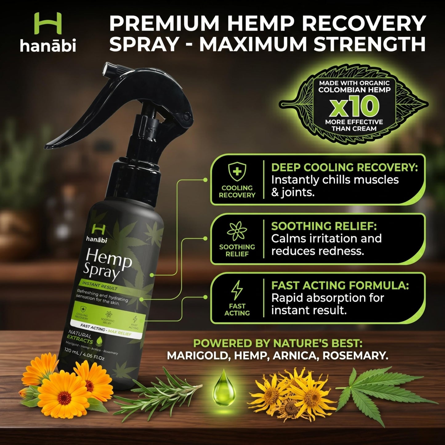 Hanábi Premium Hemp Spray | Maximum Strength 10,000mg Hemp Oil Infused | Better Than Hemp Cream | GMO Free | Hemp Seeds Oil, Calendula, Lavender & Arnica | Organic & Vegan Relife - 4.1 Oz