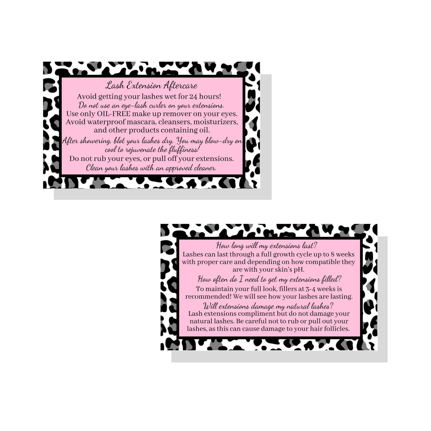 Lash Extension Aftercare Instructions Cards | Package of 50 | Leopard Print with Pink Inlay Design Double Sided Size 3.5 x 2" inches After Care (3-4 Week Fillers)