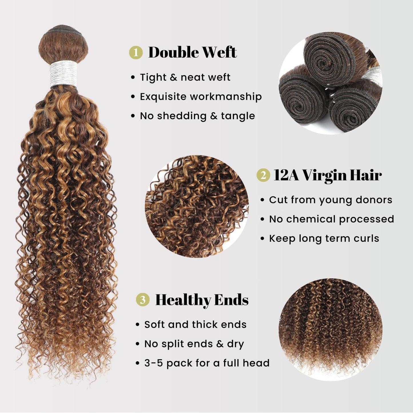AUROO Honey Blonde Highlight Tight Kinky Curly Human Hair Single Bundles, 12A Brazilian Curly Weave Bundles Human Hair 100% Virgin Remy Bundle Ombre #P4/27 Colored Kinky Curly Thick Tracks Sew in 14In