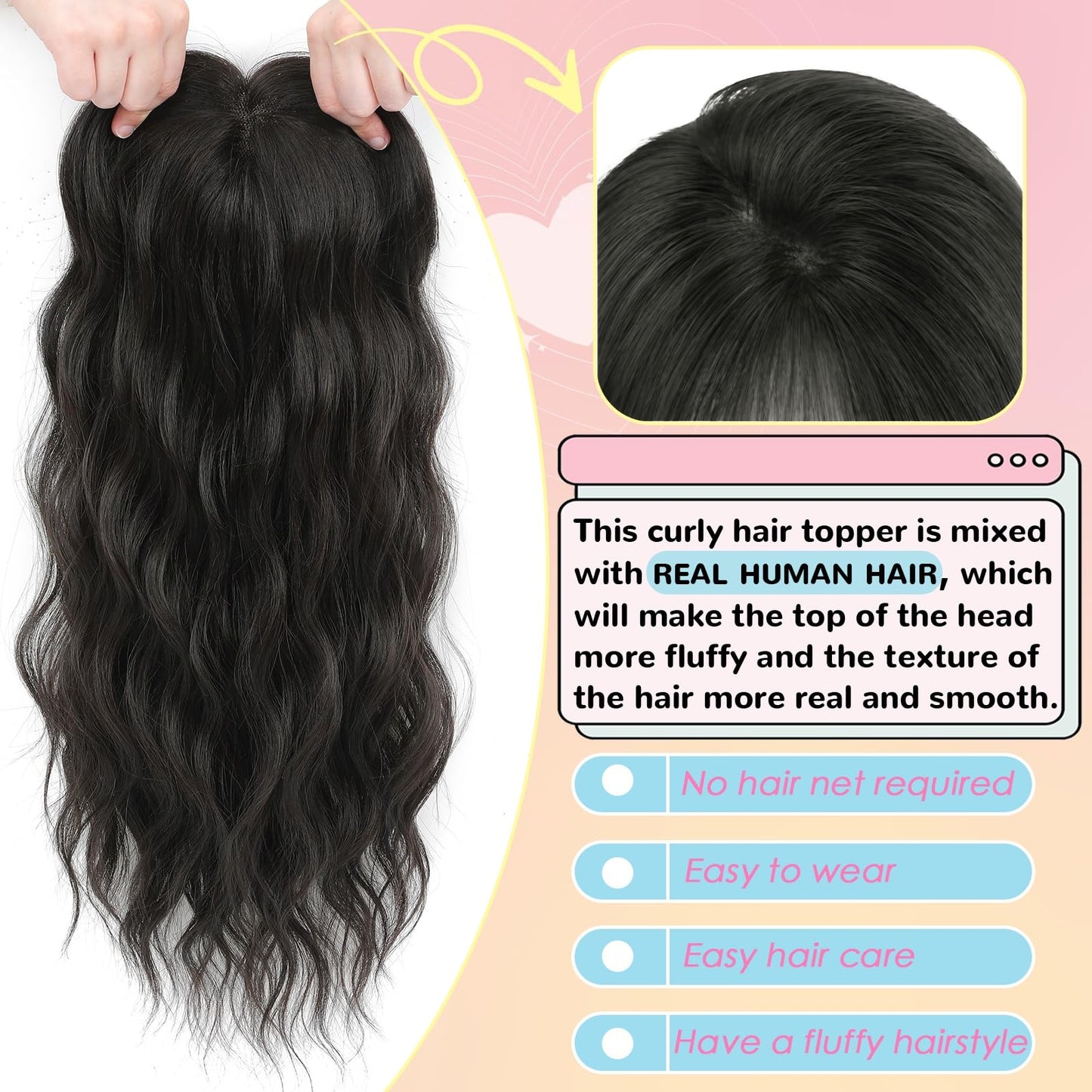 LEDIZE Hair Toppers for Women, 20 Inch Hand Tied Breathable Toppers Hairpieces for Women with Thinning Crown Wispy Bangs Mix Human Hair Wavy Curly Lightweight Wiglets (Dark Brown, Wispy Bangs)