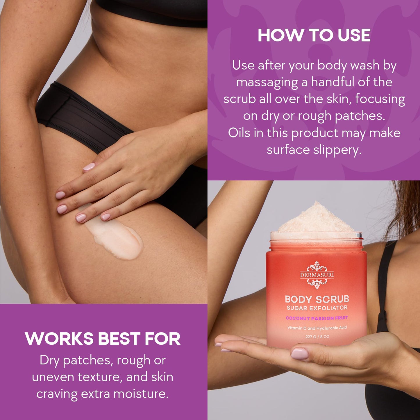 Dermasuri - Exfoliating Sugar Scrub - Body Scrubber for Men & Women - Exfoliates & Removes Dead, Dry Skin for a Soft & Radiant Glow - Deep Hydration & Moisture - Coconut Passion Fruit