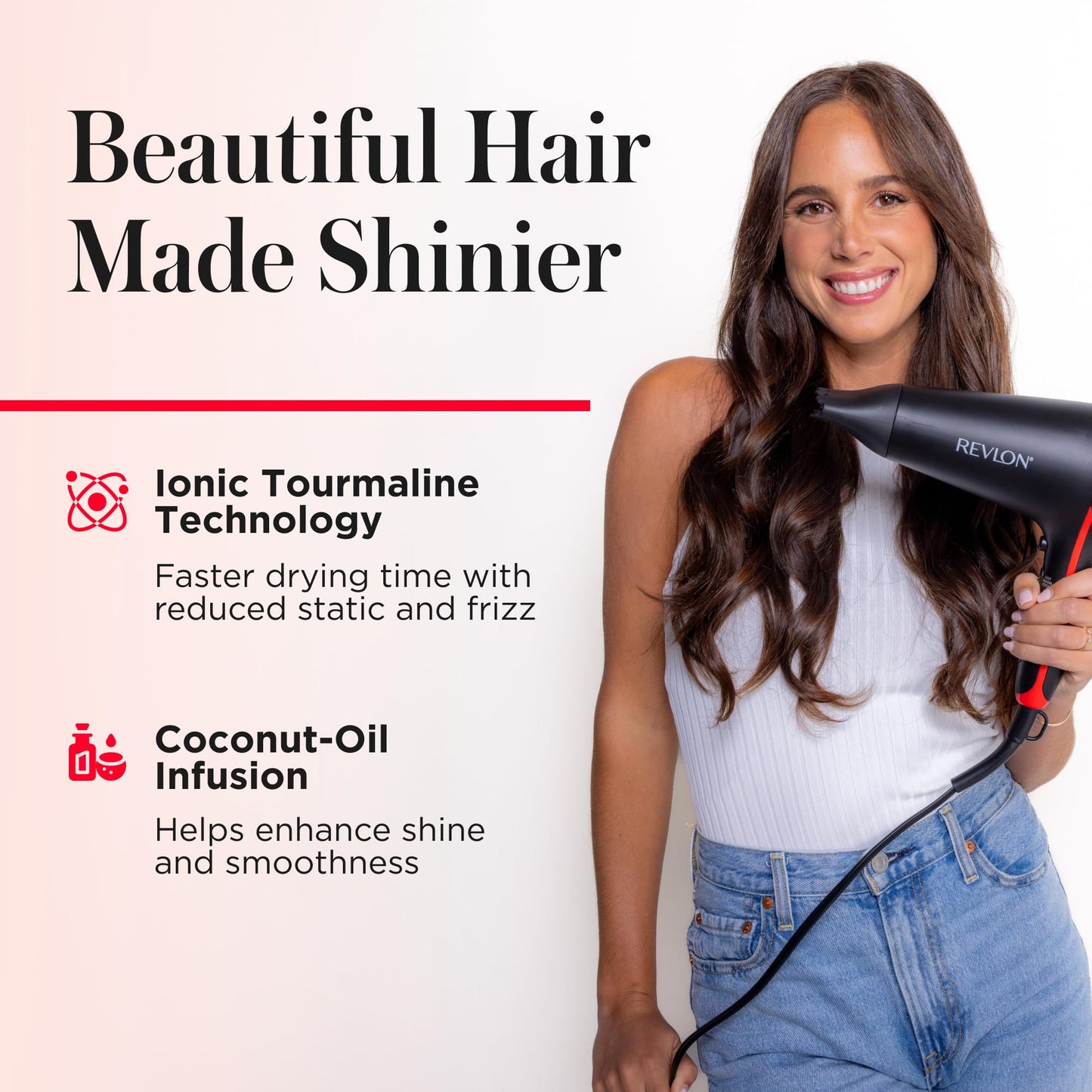 REVLON SmoothStay Hair Dryer with Diffuser, Ionic Ceramic Blow Dryer, Coconut Oil Infused for Frizz Control, Shine and Volume, 1875W Lightweight Dryer with Concentrator for Smooth or Curly Styles