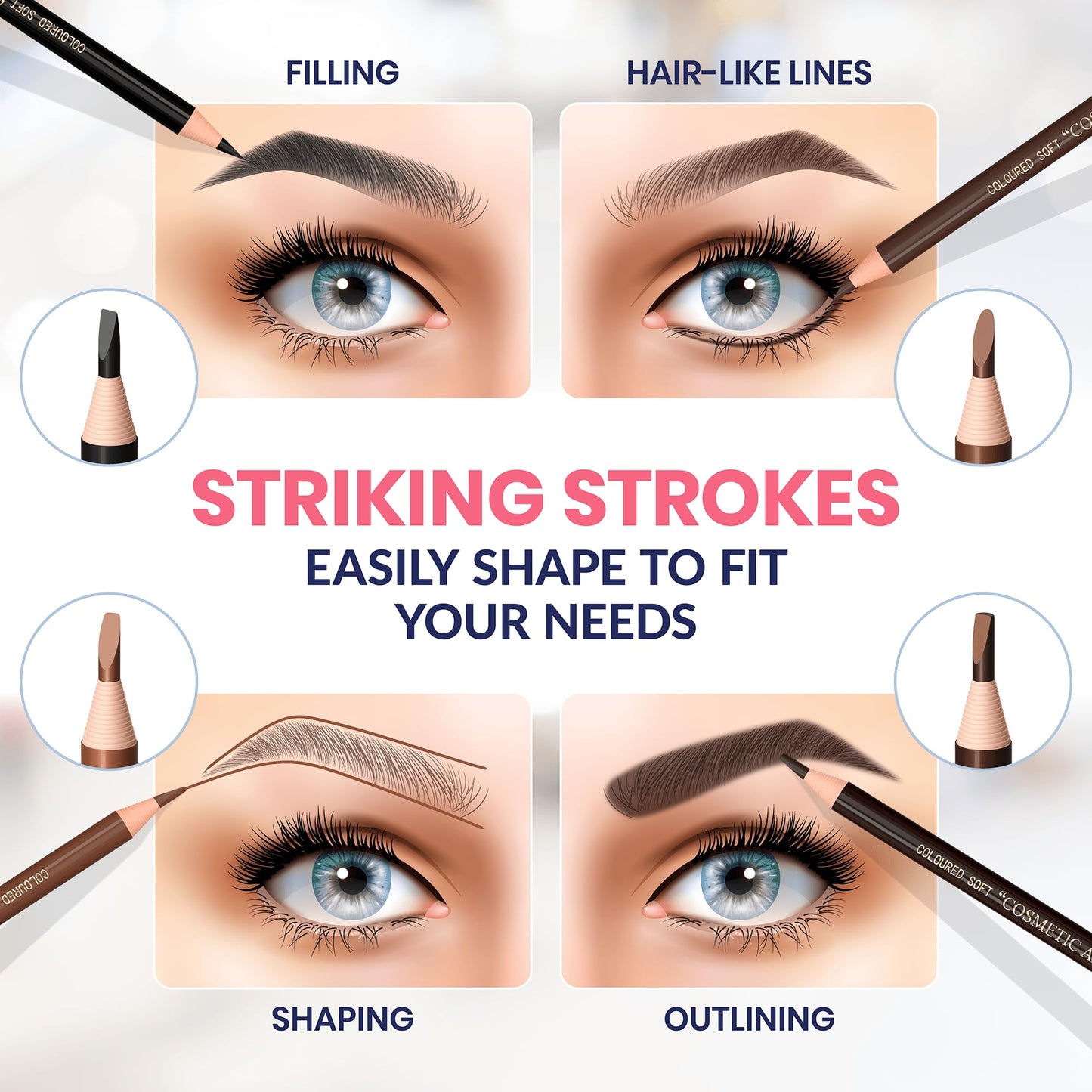 Stylia Waterproof Eyebrow Pencils For Women – Long-Lasting Microblading Supplies Brow Pencil, Perfect for Eyebrow Shaper, Filling & Defining Natural-Looking Brow - (12PC in 5 Colors)