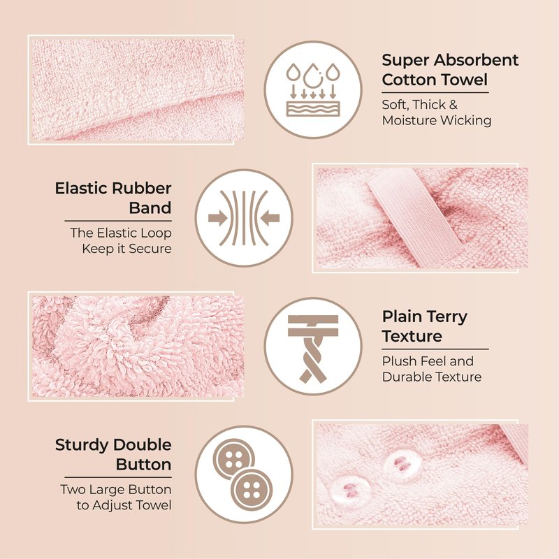Lili&James 100% Cotton Hair Towel Wrap for Women & Kids – 420 GSM Quick Dry Hair Turban with Double Button Loop, Anti Frizz Non Microfiber Hair Drying Towel for Curly, Long & Thick Hair (Lilac+Pink)