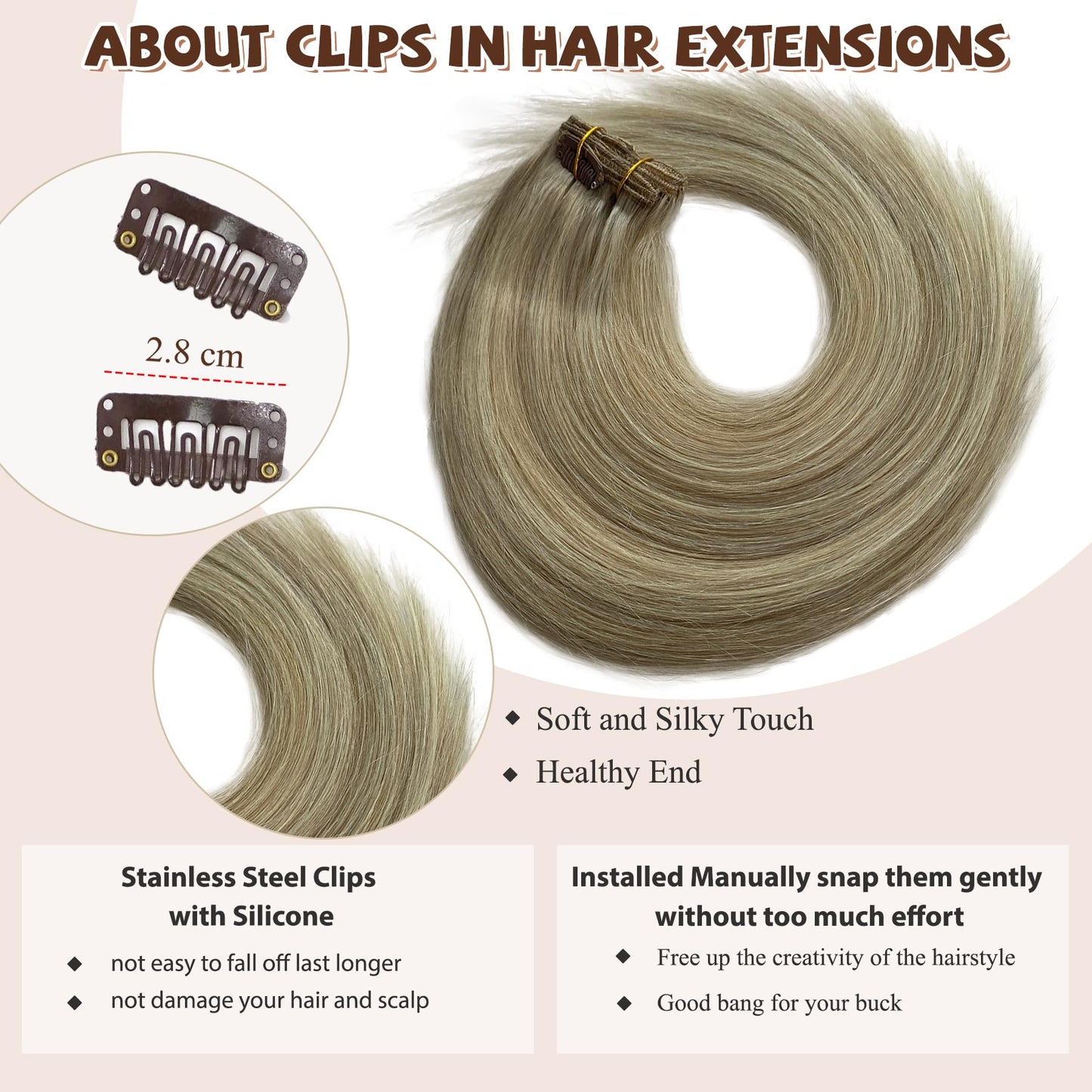 Seamless Clip in Hair Extensions Real Human Hair for Women 18 inch 70 gram Balayage Ash Brown to Platinum Blonde Soft Straight Clip in Hair Extensions 7PCS
