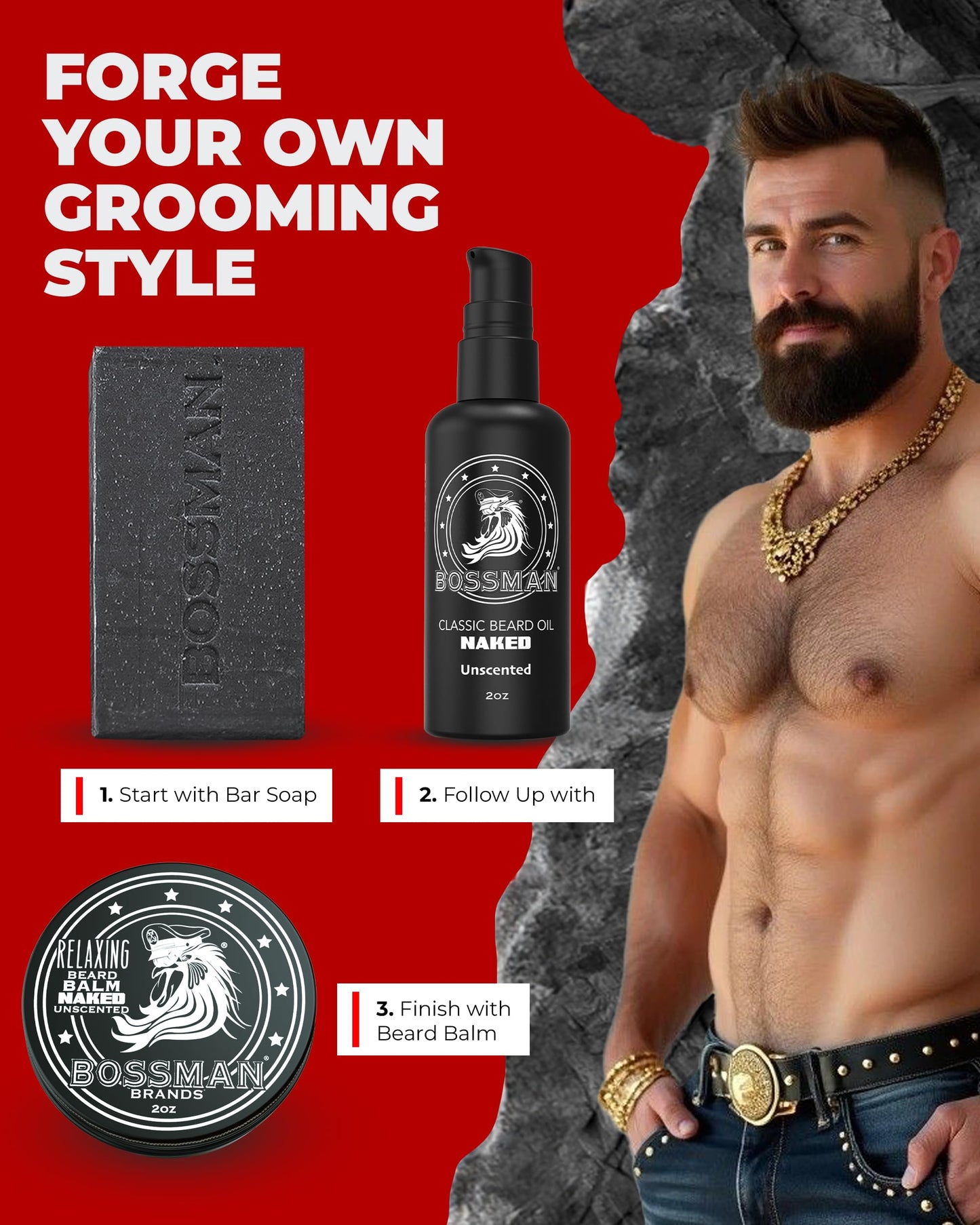 Bossman Starter Beard Kit for Men – Dad Gift for Father's Day, Beard Oil (2 oz), Beard Balm & Bar Soap – Natural & Organic Grooming Kit – Made in the USA Men Gift Set (Naked – Unscented)