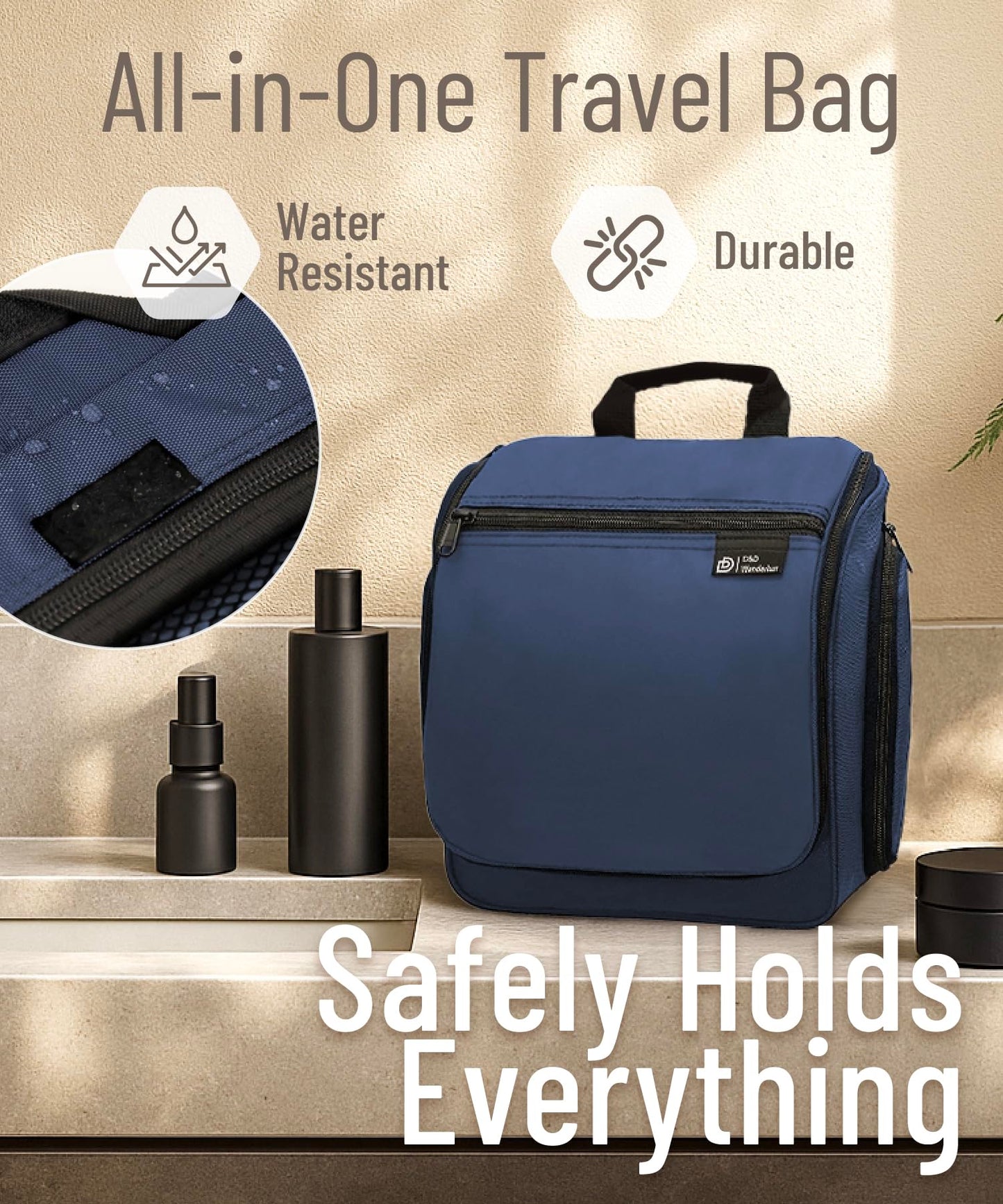 DD D&D Wanderlust D&D Hanging Toiletry Bag - Designer Travel Organizer for Makeup and Toiletries for Men and Women - Hang Case for Cosmetics and Toilet Accessories with Metal Swivel Hook