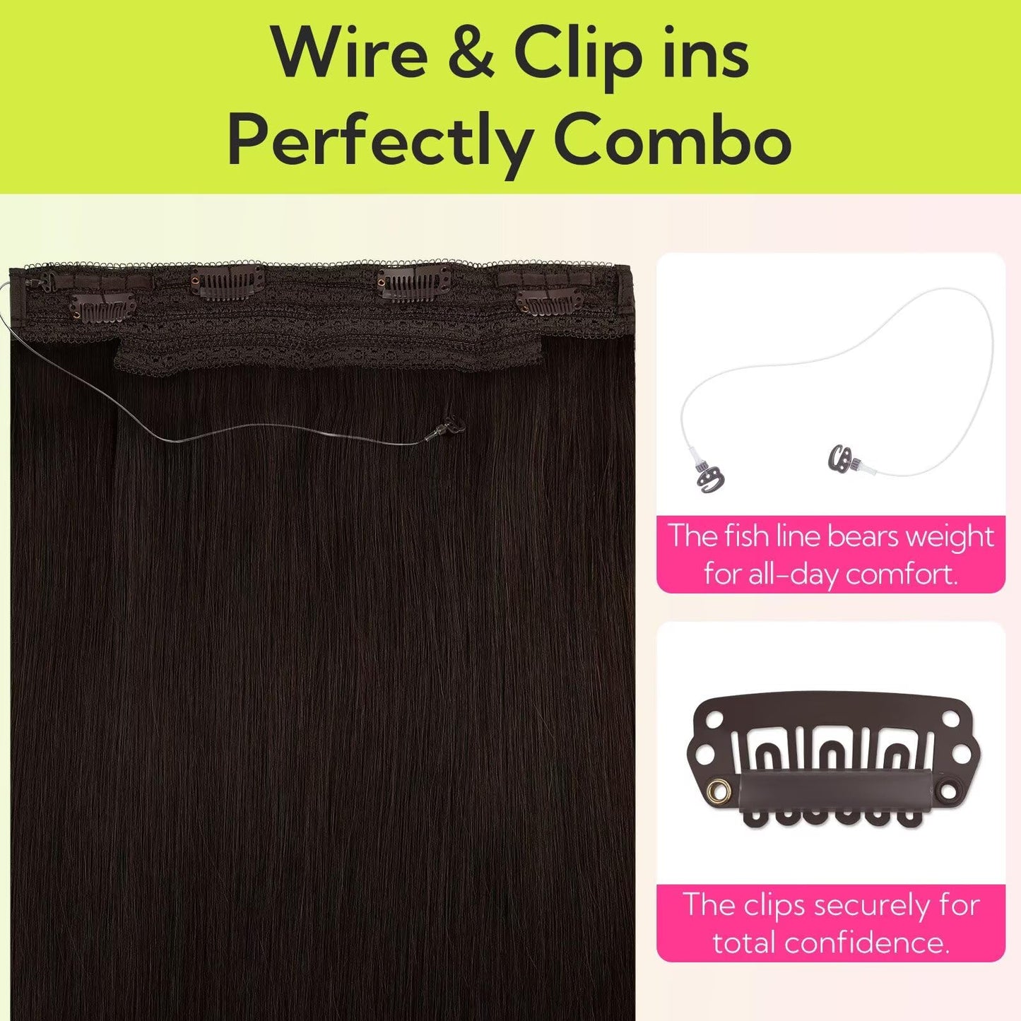 HOTBANANA Wire Hair Extensions, 14 inch 75g Light Dark Brown Invisible Fish Line Real Human Hair Extensions Straight