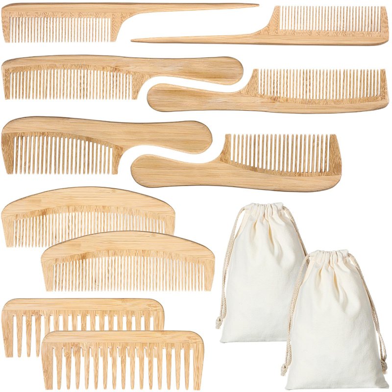 Honeydak 10 Pcs Bamboo Comb Set Natural Handmade Anti-static Set Includes Wide fine Tooth Rat Tail Tooth Combs for Detangling Long Short Thick Thin Curly or Wavy Hair Suitable for Both Women and Men