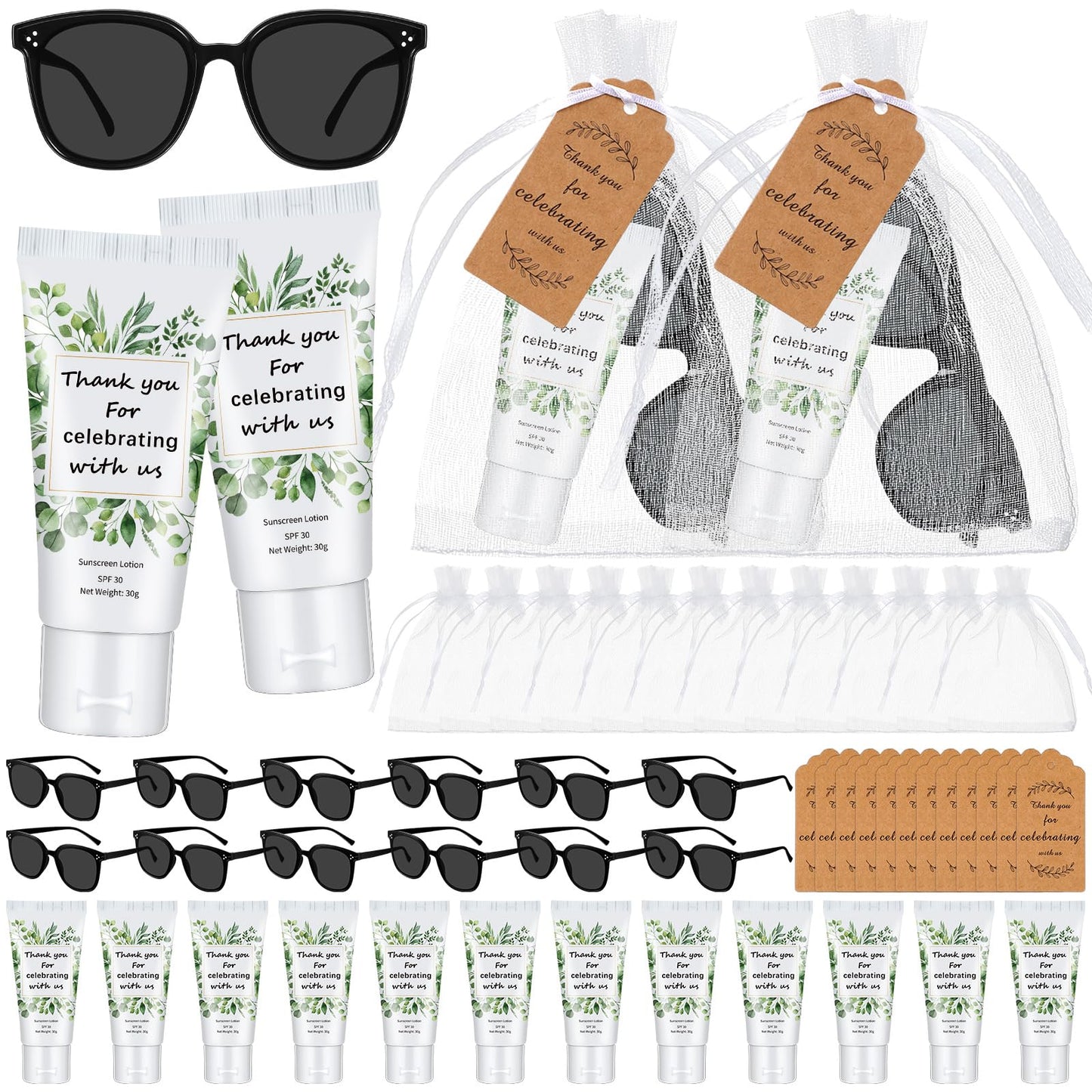 Dansib 12 Sets Mini Sunscreen and Sunglasses Bulk for Wedding Party Spf30 Water Resistant Sunscreen Lotion Bulk 1oz Travel Size for Thank You Gifts Wedding Party Supplies (Eucalyptus)