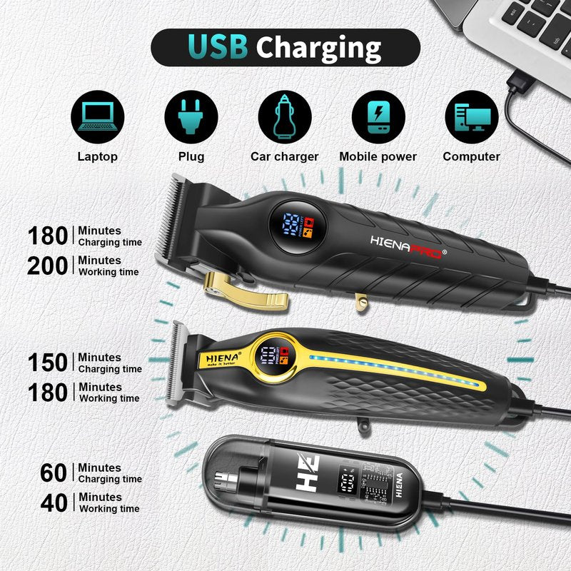 HIENA PRO Professional Hair Clippers for Men, Electric Hair Clipper Set for Barber Kit ，Hair Clipper and Trimmer Set，Full Barber Clipper Set with LED Display Gifts Mens (Gold)