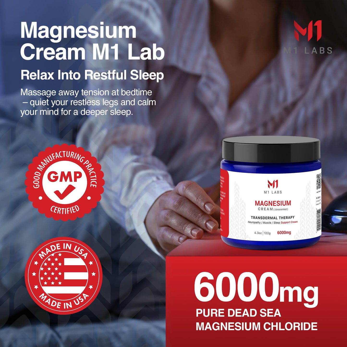 M1 Labs 6000mg Magnesium Topical Cream – 4.3 oz Unscented & Fast-Absorbing Magnesium Chloride Cream for Neuropathy, Muscle & Sleep Support – Paraben-Free, Non-GMO for Relaxation, Support & Hydration