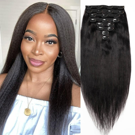 18inch Light Yaki Straight Clip ins, 120G Full Head Real 100% Human Hair Clips for Women Seamless Yaki Clip in Hair Extensions for Thin Hair Natural Black 8Pcs Hair Pieces with Secure Clips