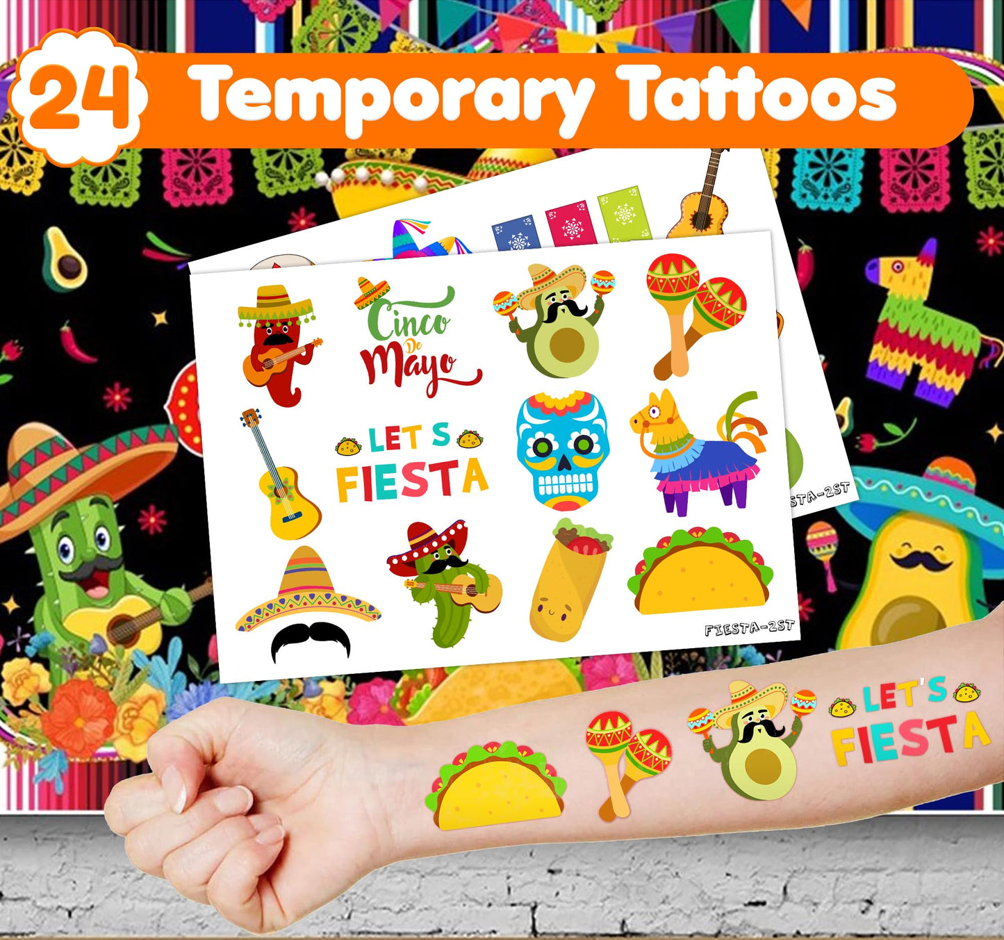 36PCS Fiesta Party Favors - 24PCS Temporary Tattoos & 12PCS Stamps - Ideal Mexican Cinco de Mayo Taco Themed Birthday Card Decorations Supplies Goodie Bag Cute Rewards for Boys Girls Kids Gifts Prizes