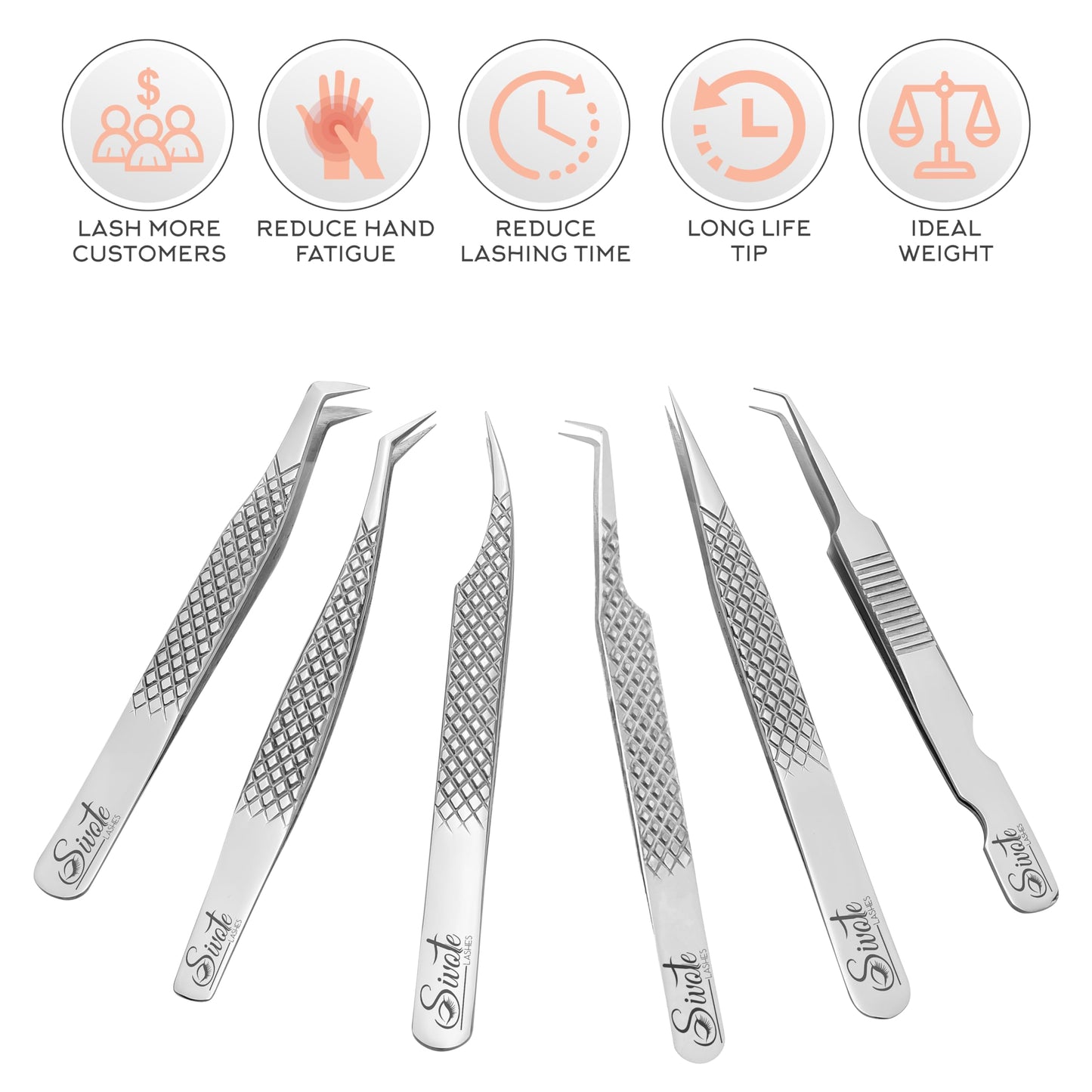 SIVOTE Eyelash Extension Tweezers Fiber Tips Japanese Steel, Set of 6 – Curved, Dolphin, 90° 45° Volume Boot & Slight Curved Tweezer – Professional Lash Tweezers for Lash Extensions Silver
