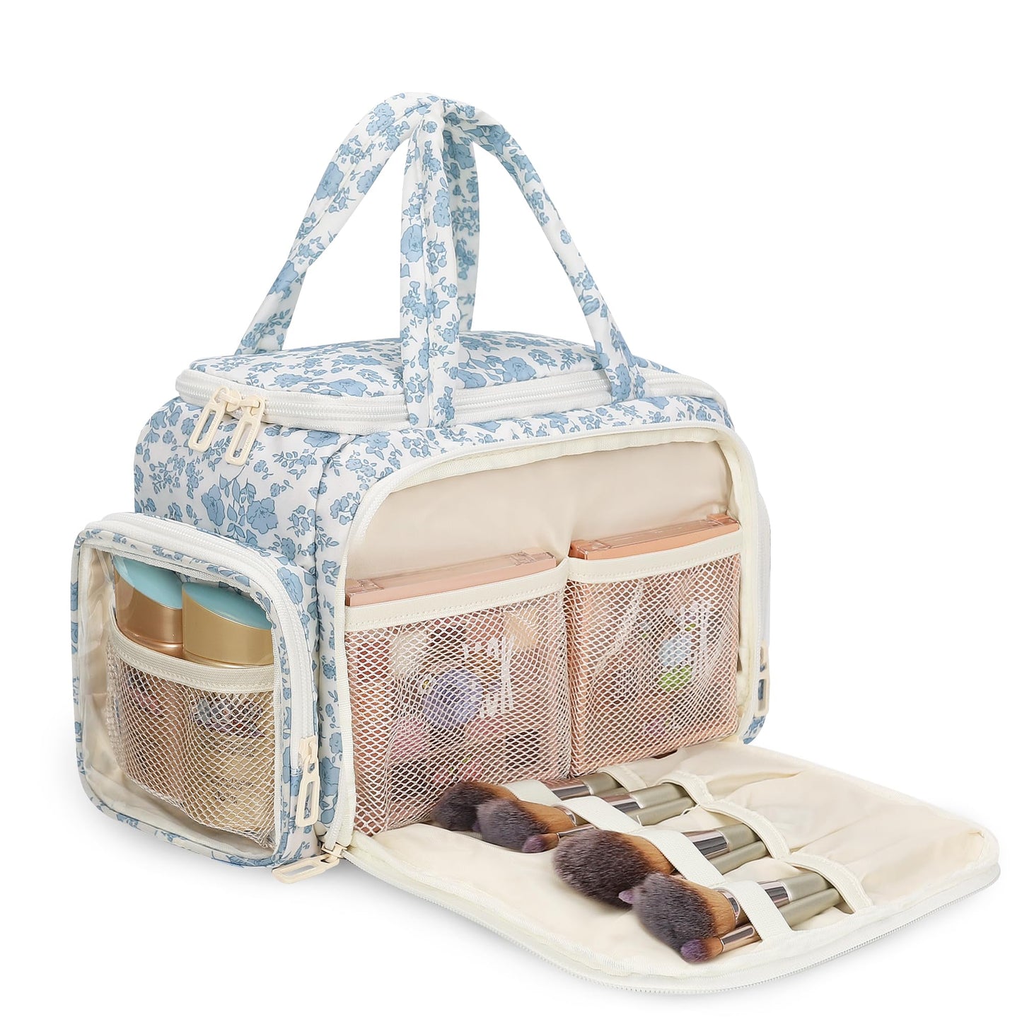 WGEAR Travel Makeup Bag, Lightweight Wide-open Toiletries Bag for Women, Large Cosmetic Organizer Bag with Makeup Brushes Compartment for Travel-Sized Essentials for Trip, Camping - Blue Flower