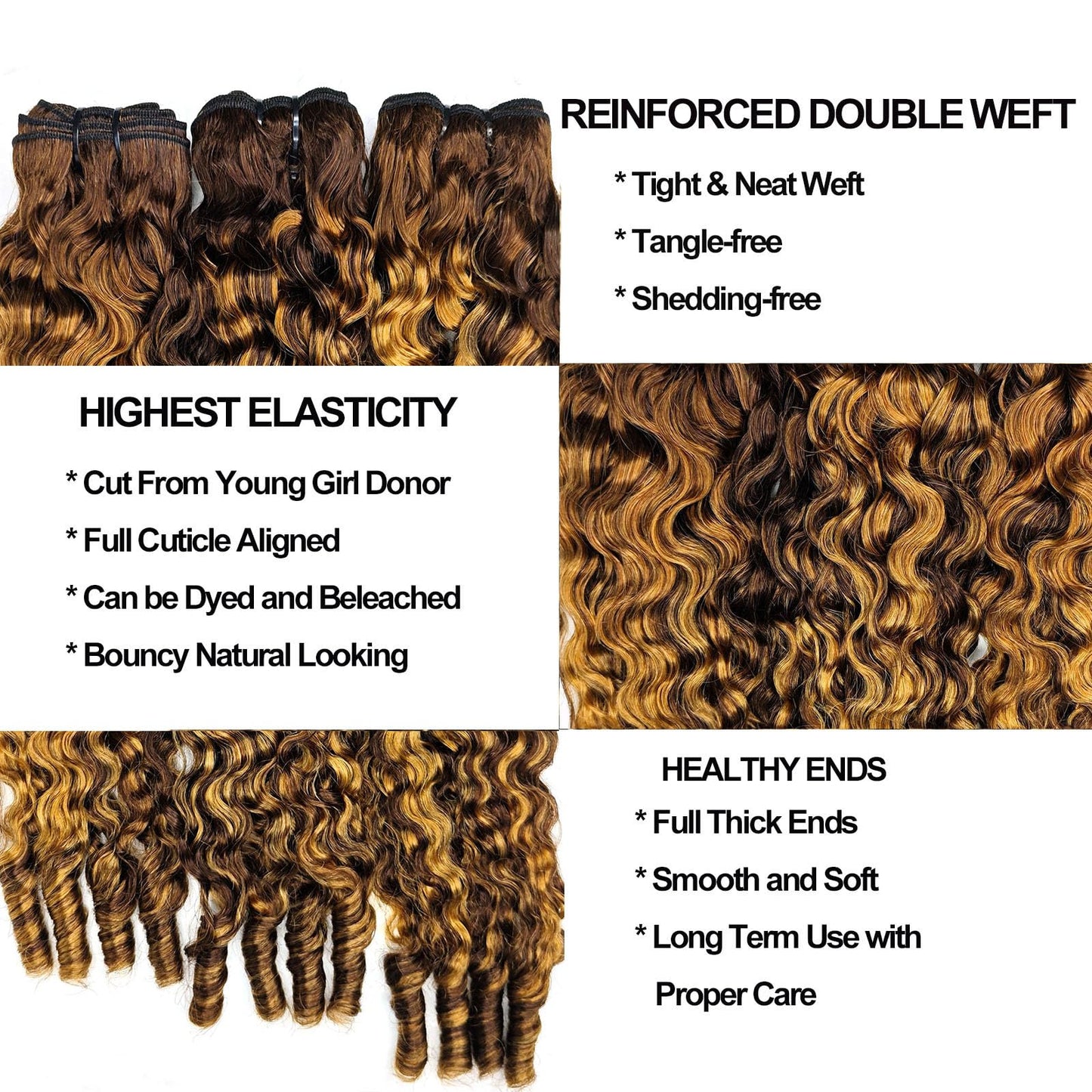 Curly Human Hair Bundles Water Wave Burmese Curly Bundles Human Hair Weave with Spiral End 3c4a Quick Weave Hair for Women Honey Blonde Ombre Color 16 Inches 1Pcs